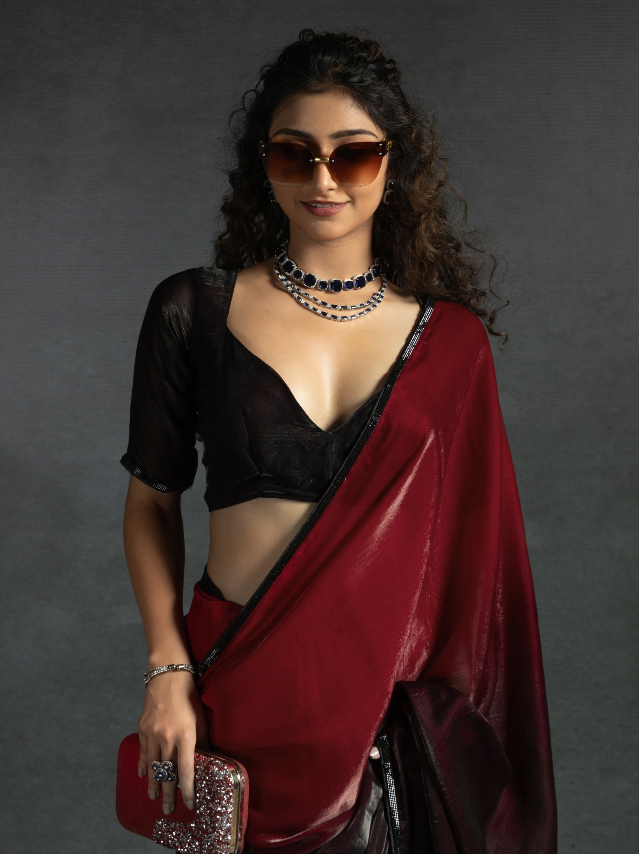 Maroon Red Fancy Ready to Wear Saree With Stone Work Border - TrendOye
