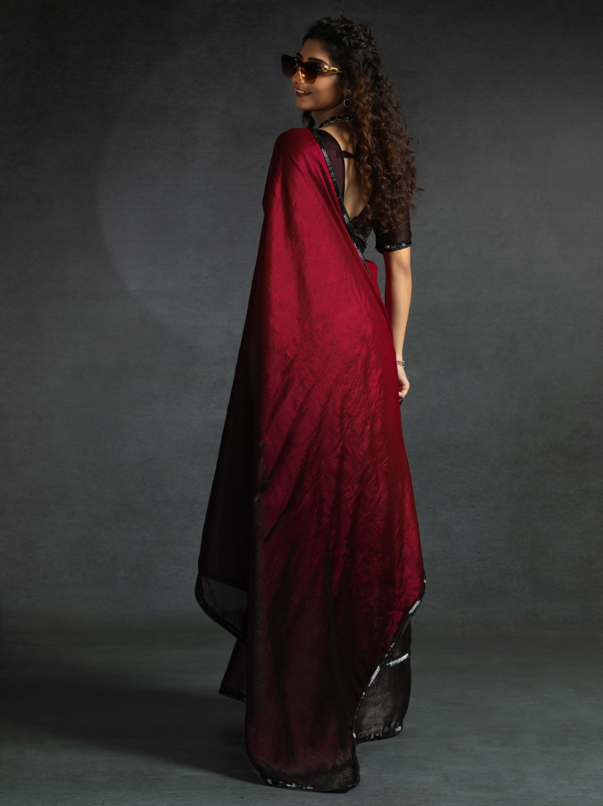 Maroon Red Fancy Ready to Wear Saree With Stone Work Border - TrendOye