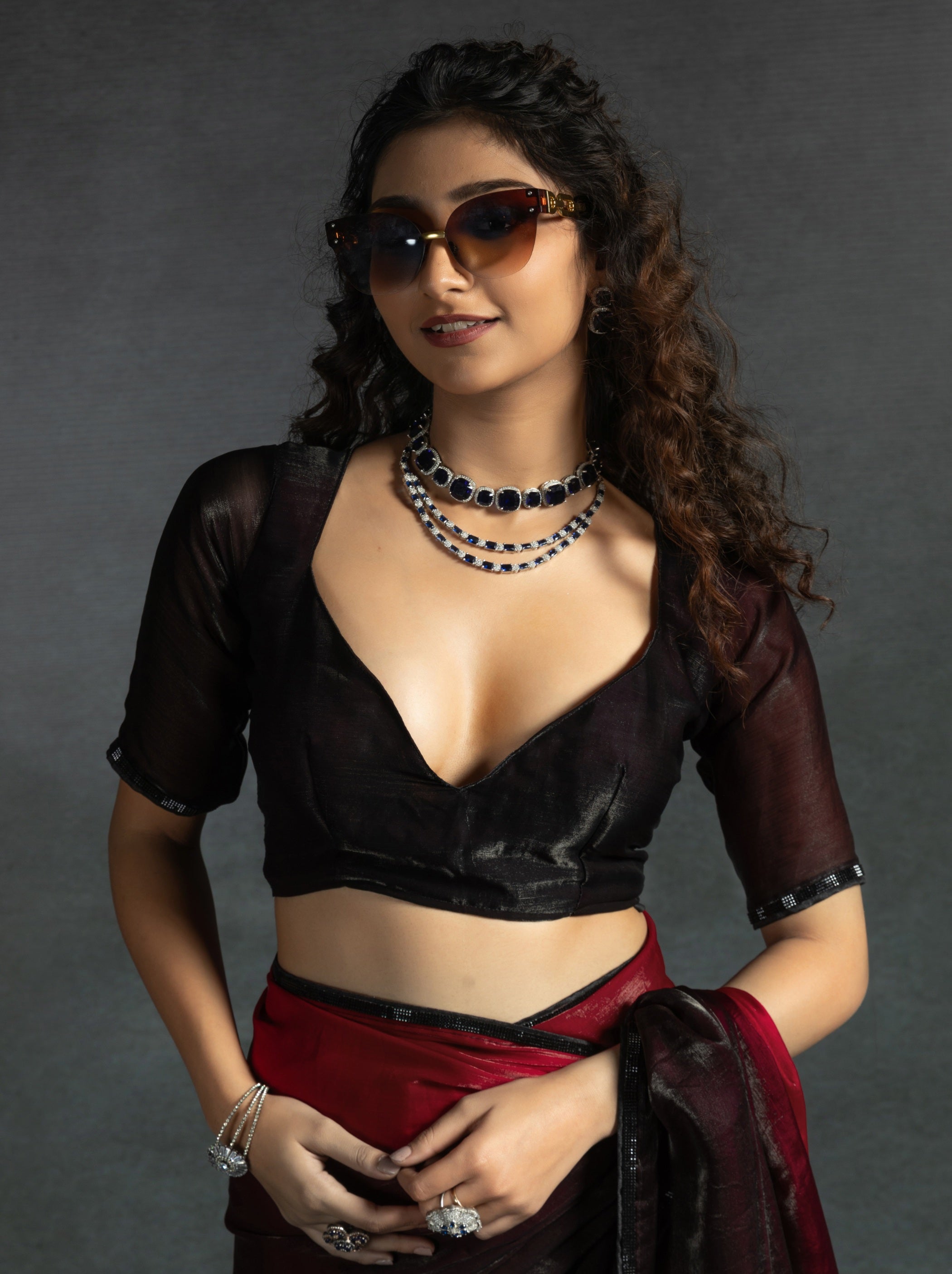 Maroon Red Fancy Ready to Wear Saree With Stone Work Border - TrendOye
