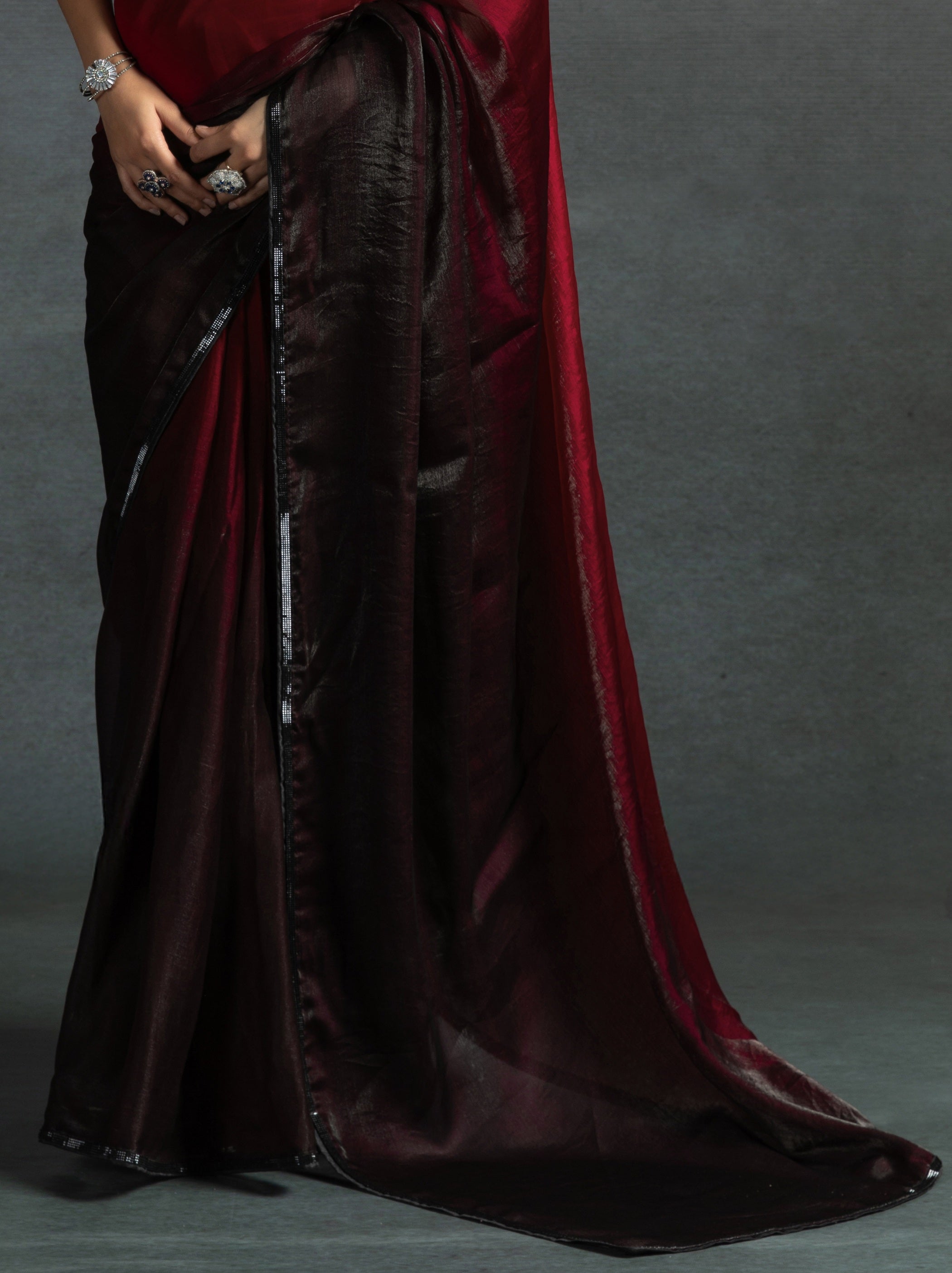 Maroon Red Fancy Ready to Wear Saree With Stone Work Border - TrendOye