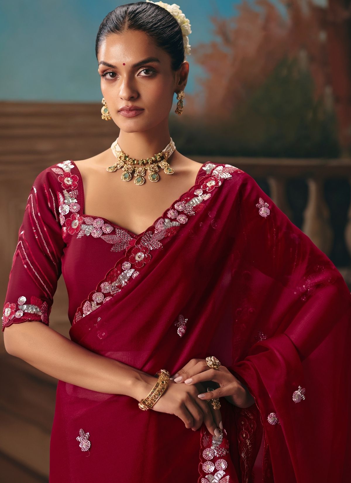 Burgundy Red Celebration Fancy Saree With Premium Blouse Piece - TrendOye