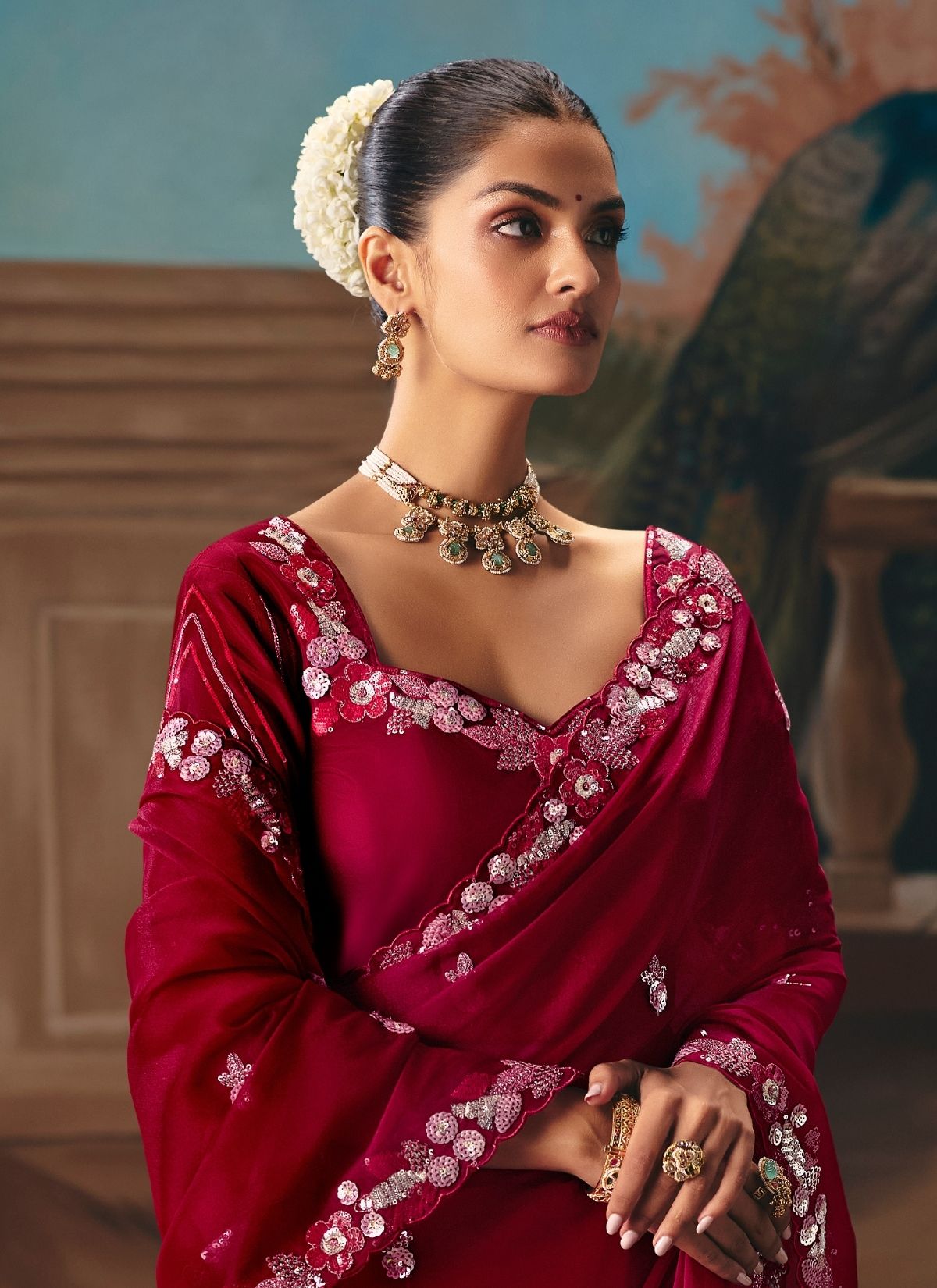 Burgundy Red Celebration Fancy Saree With Premium Blouse Piece - TrendOye