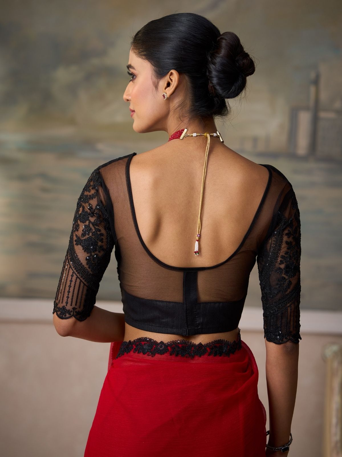 Scarlet Red Contemporary Sequin Statement Saree & Net Blouse With Premium Base Liner