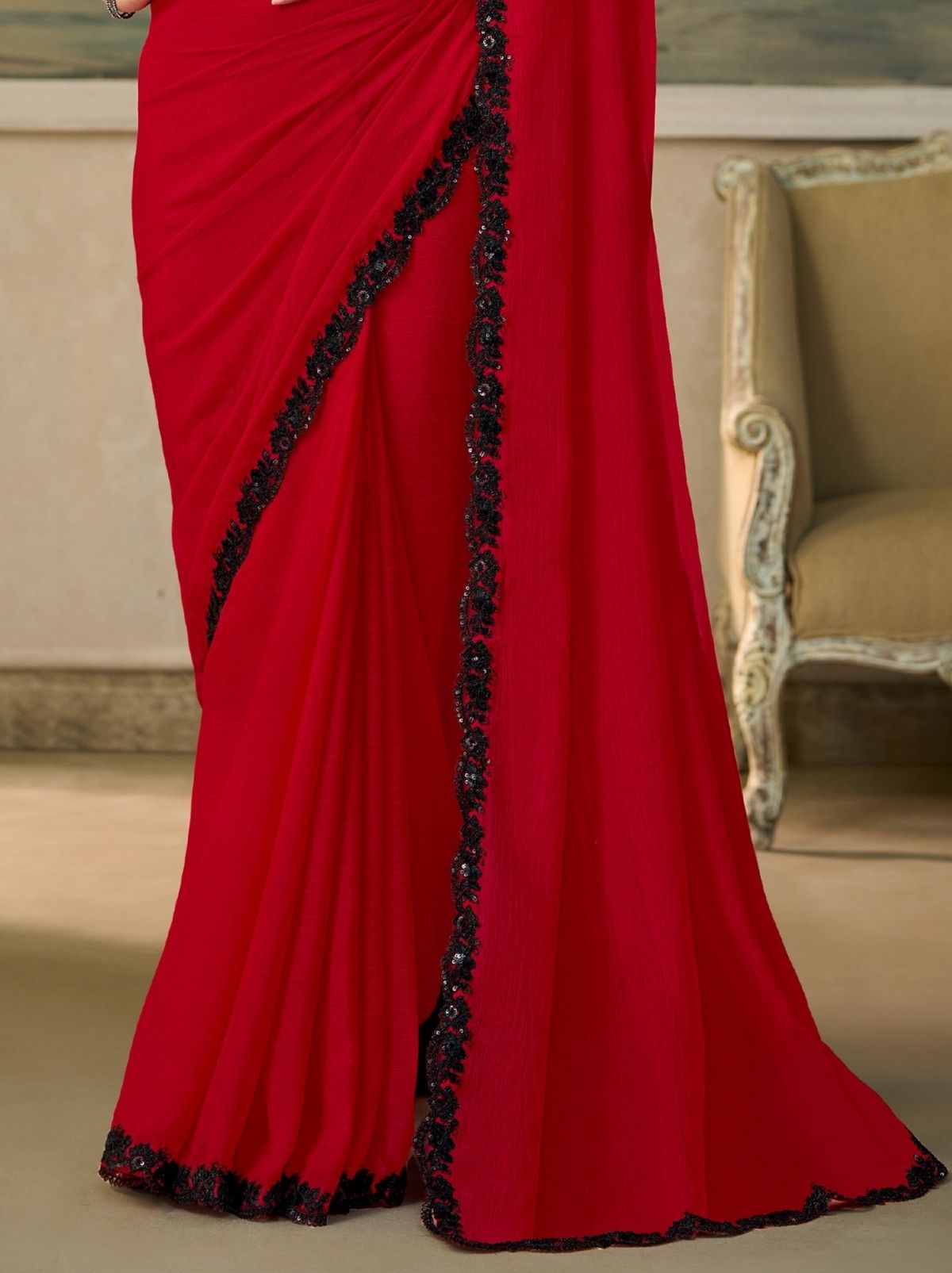 Scarlet Red Contemporary Sequin Statement Saree & Net Blouse With Premium Base Liner