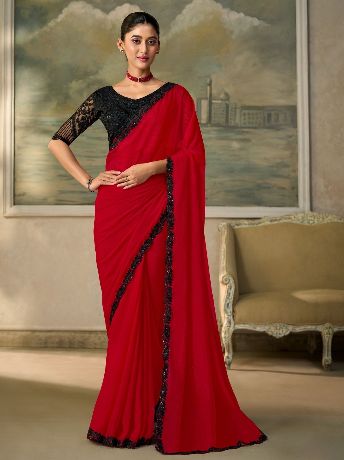 Scarlet Red Contemporary Sequin Statement Saree