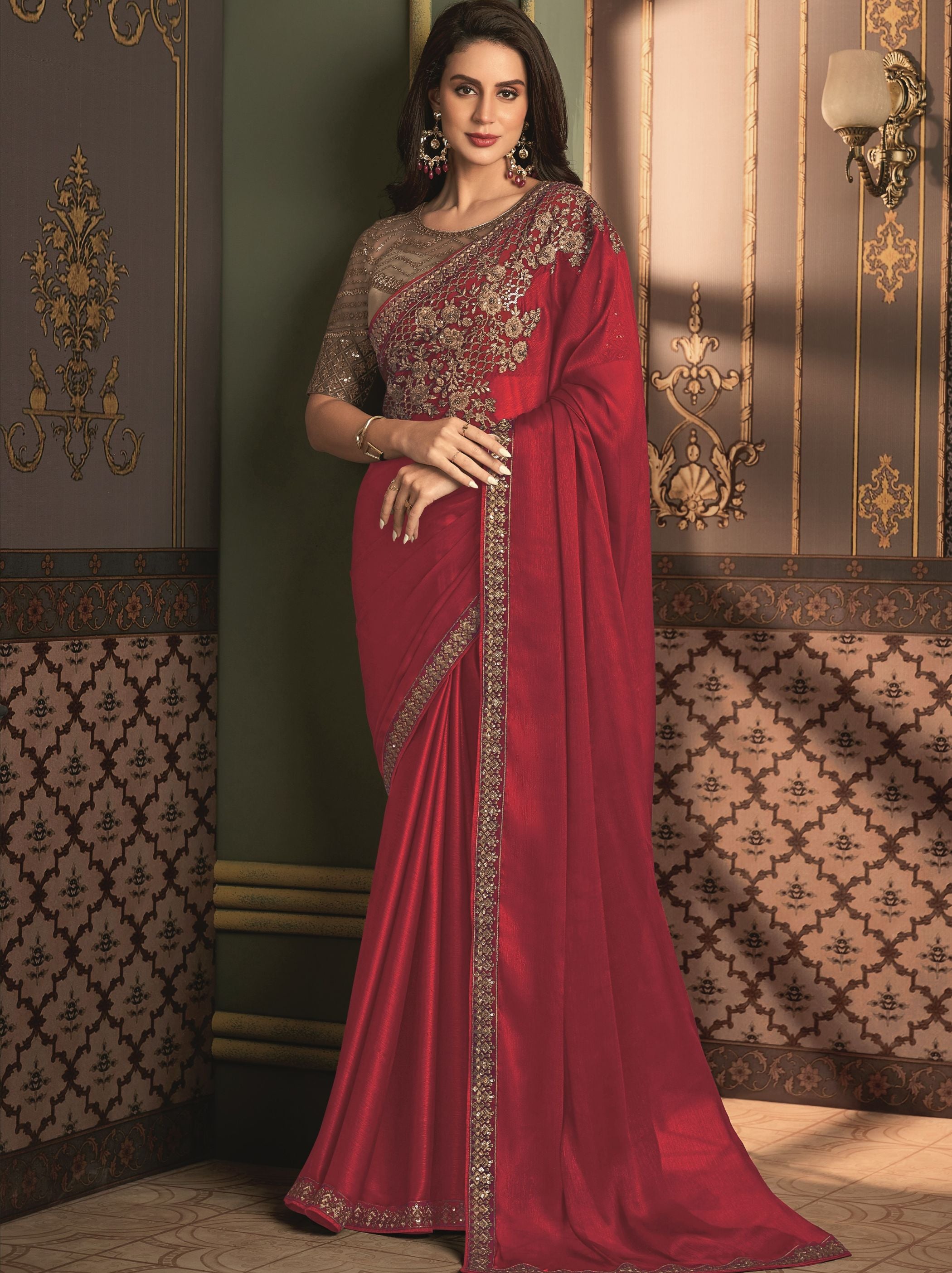 Carmine Red premium Saree - TrendOye