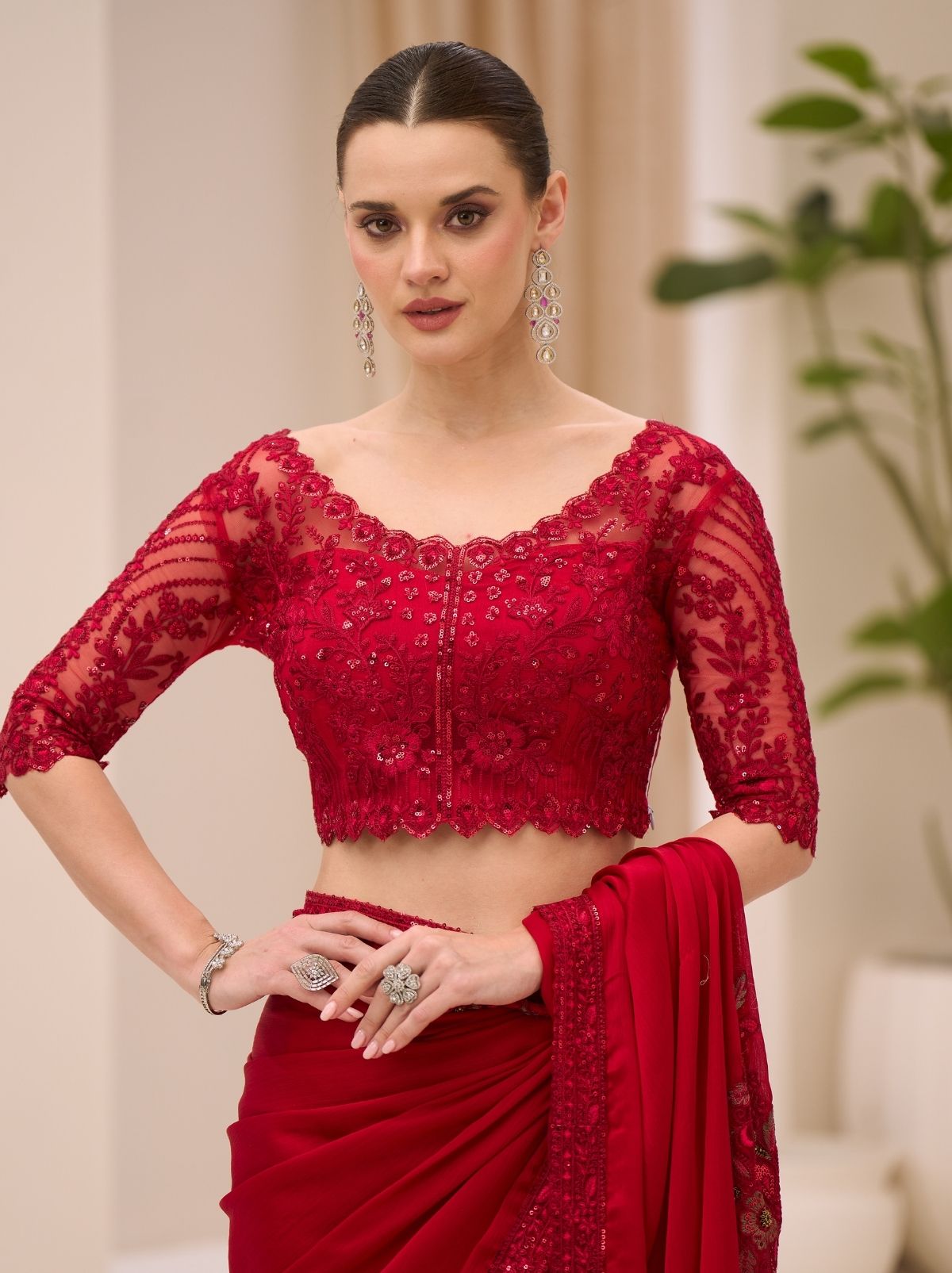 Scarlet Red Designer Wedding saree With Blouse Piece - TrendOye