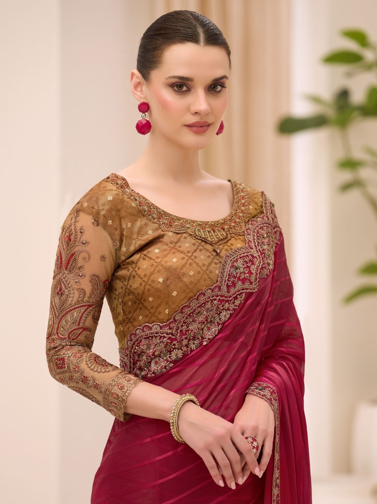 Currant Red Designer Wedding saree With Blouse Piece - TrendOye