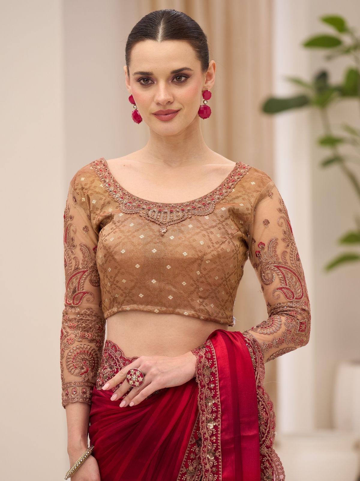 Currant Red Designer Wedding saree With Blouse Piece - TrendOye