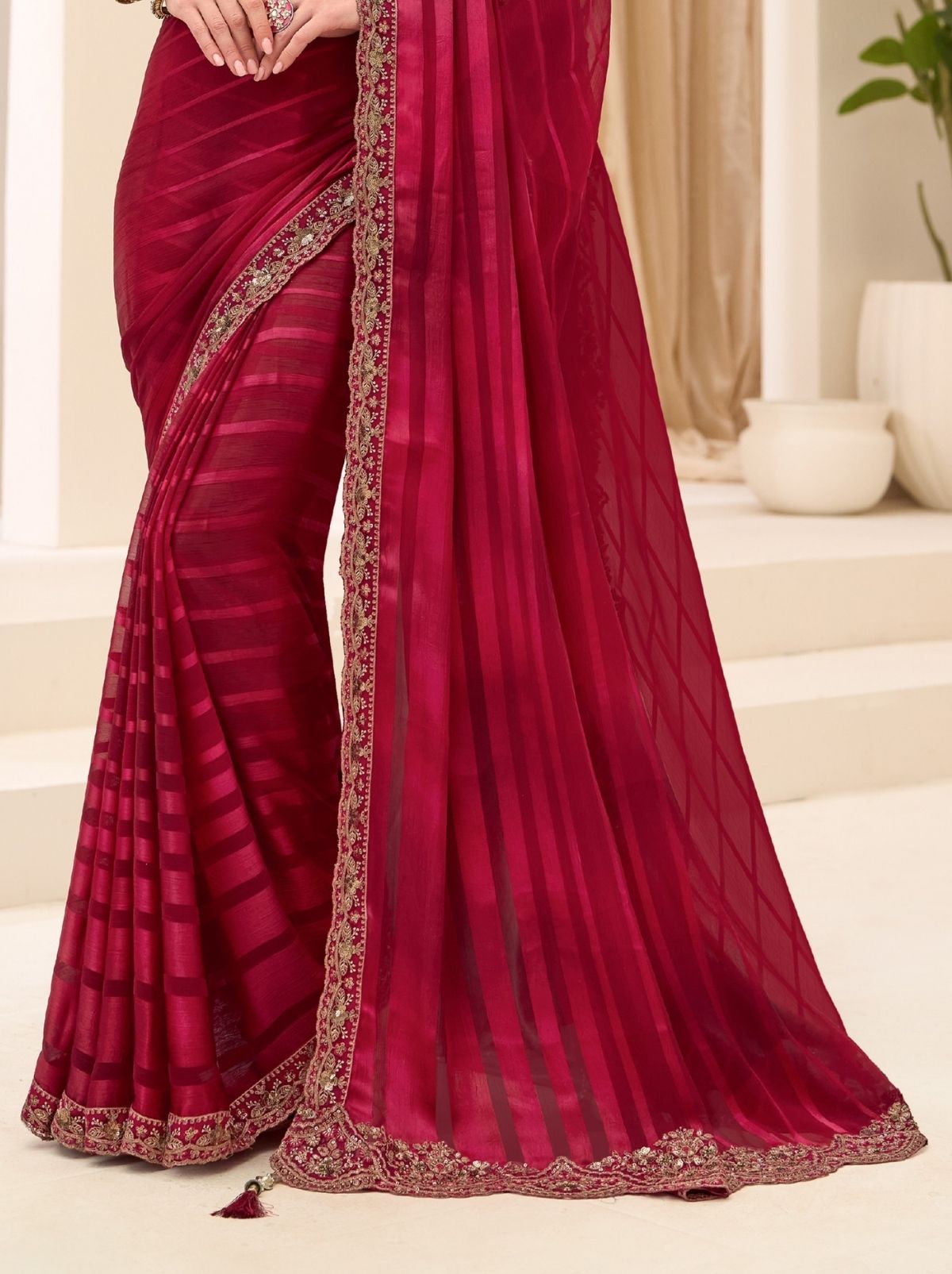 Currant Red Designer Wedding saree With Blouse Piece - TrendOye