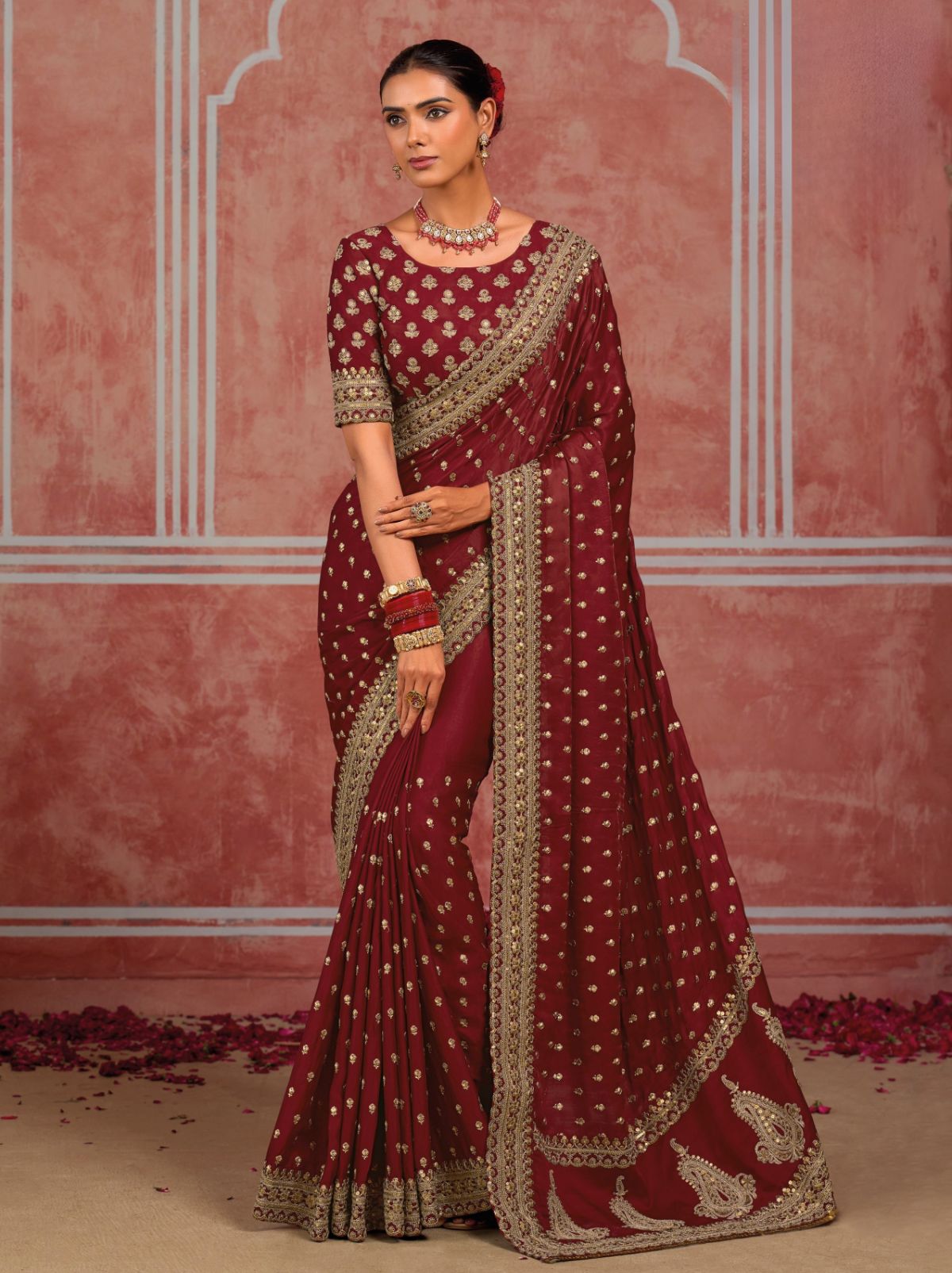 Maroon Red Luxurious Premium Silk Saree With Intricate Embroidery