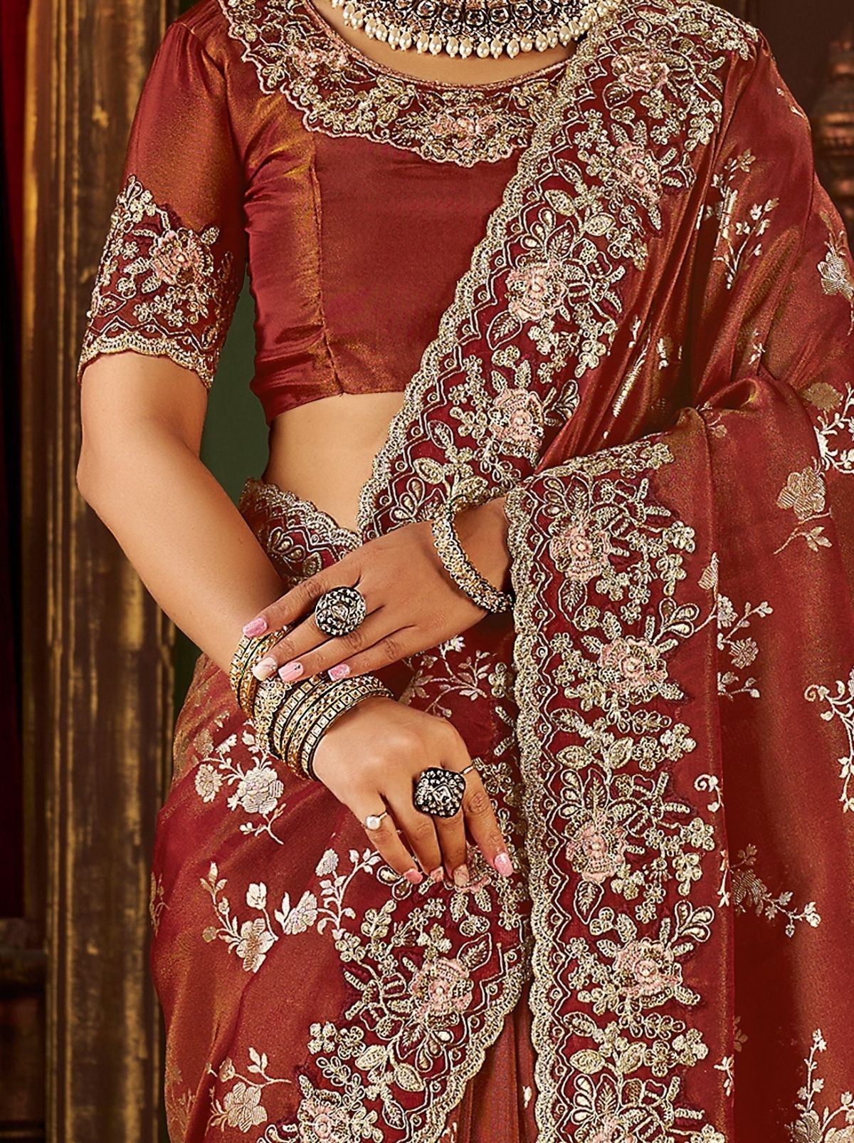 Maroon Red Elegant Wedding Saree With Heavy Border Embroidery