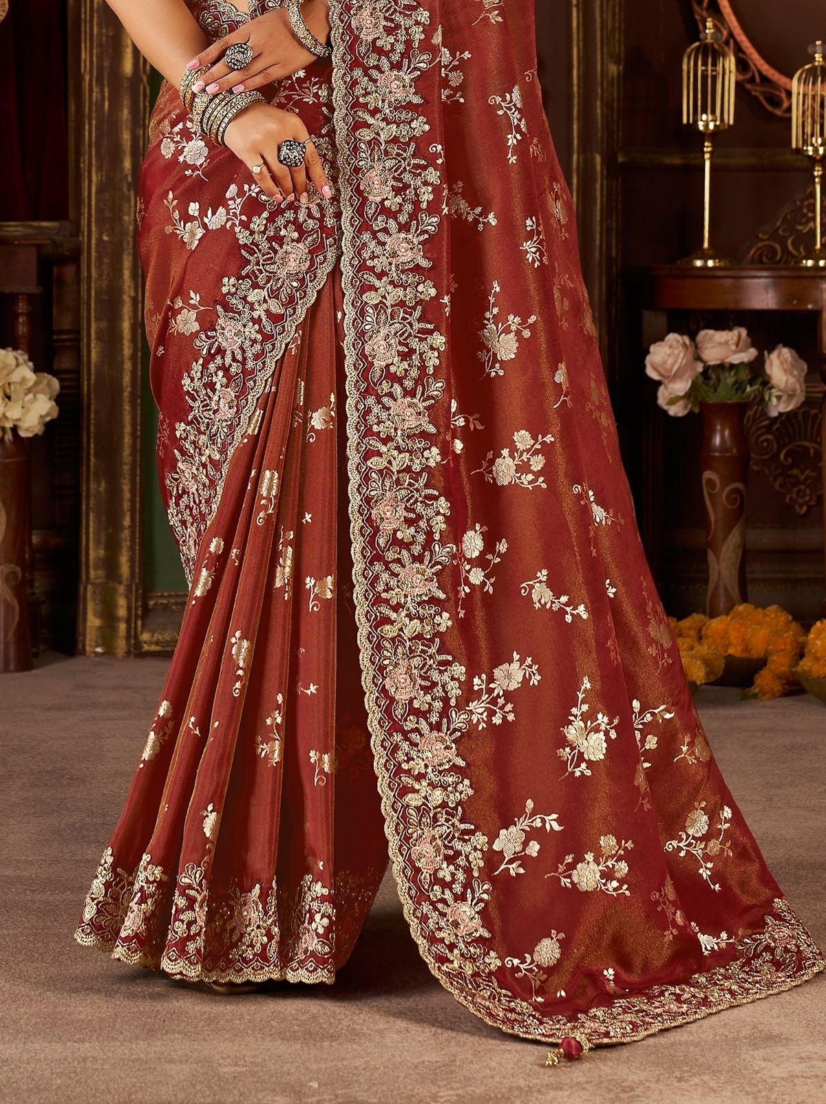 Maroon Red Elegant Wedding Saree With Heavy Border Embroidery
