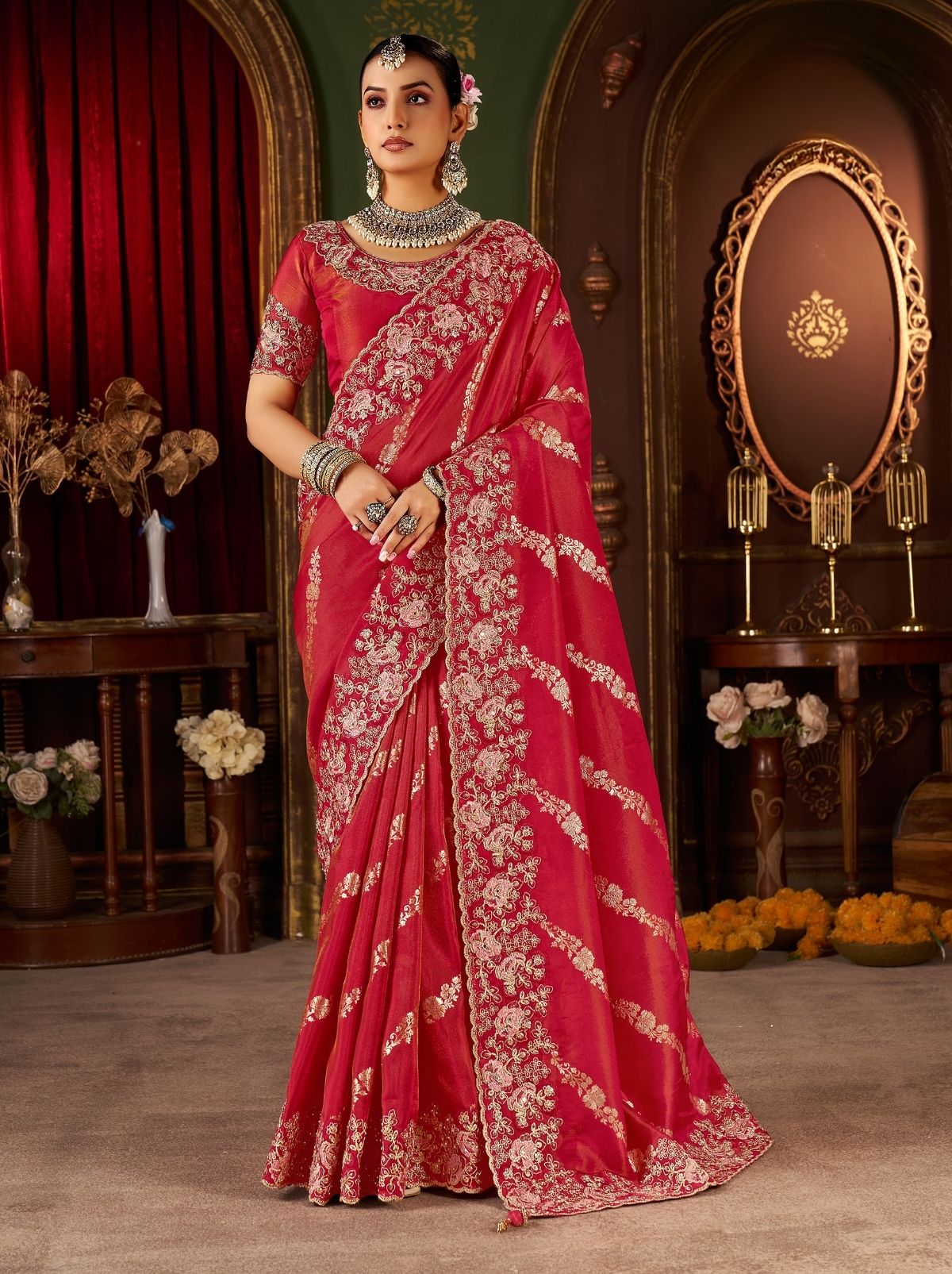Rose Red Elegant Wedding Saree With Heavy Border Embroidery