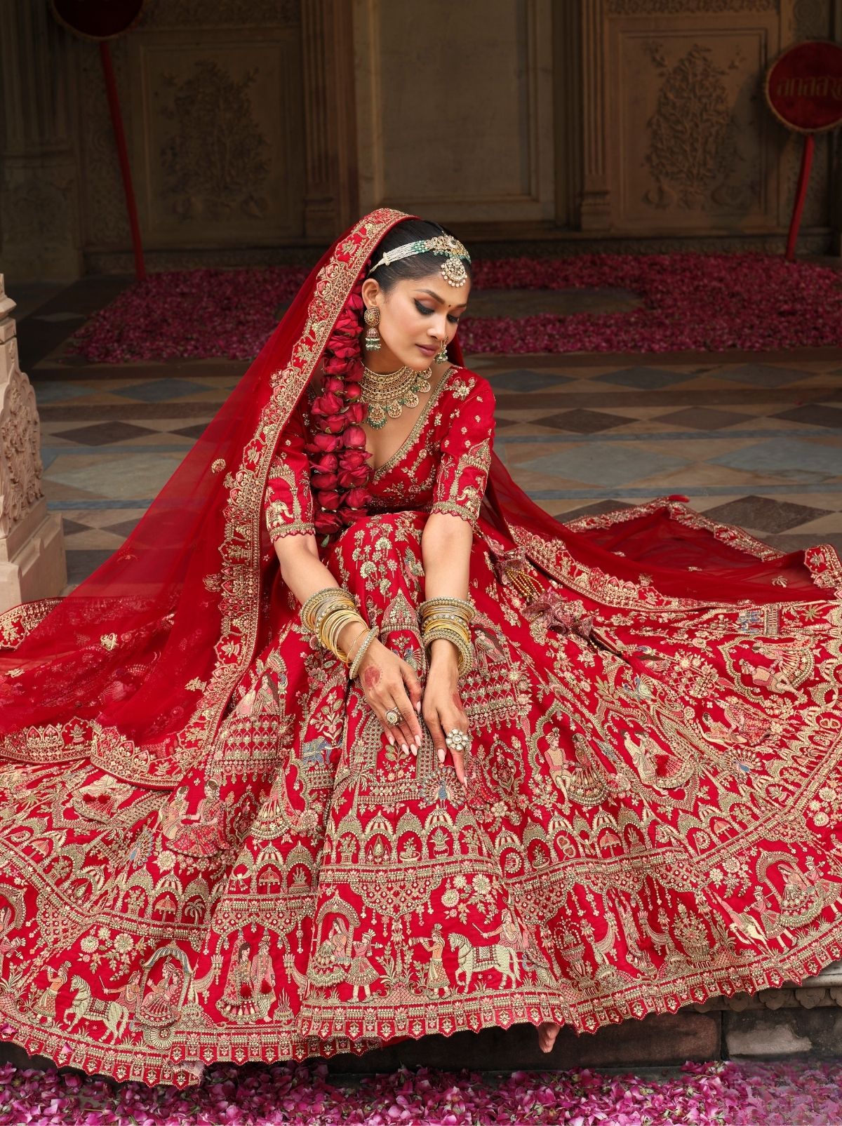 Scarlet Red Exclusive Bridal Lehenga Set With Heavy Khatli & Thread Work