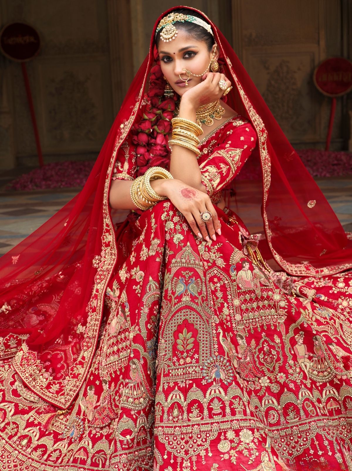 Scarlet Red Exclusive Bridal Lehenga Set With Heavy Khatli & Thread Work