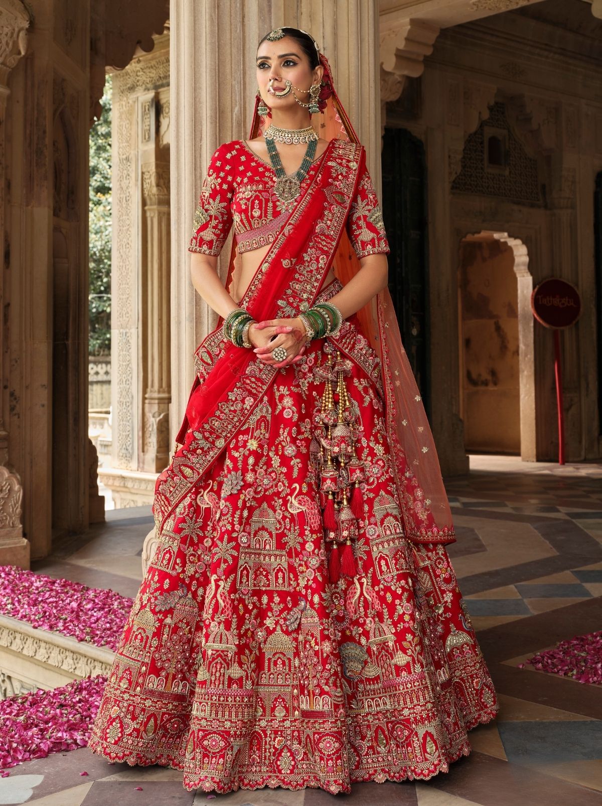 Carmine Red Exclusive Bridal Lehenga Set With Khatli Embroidery