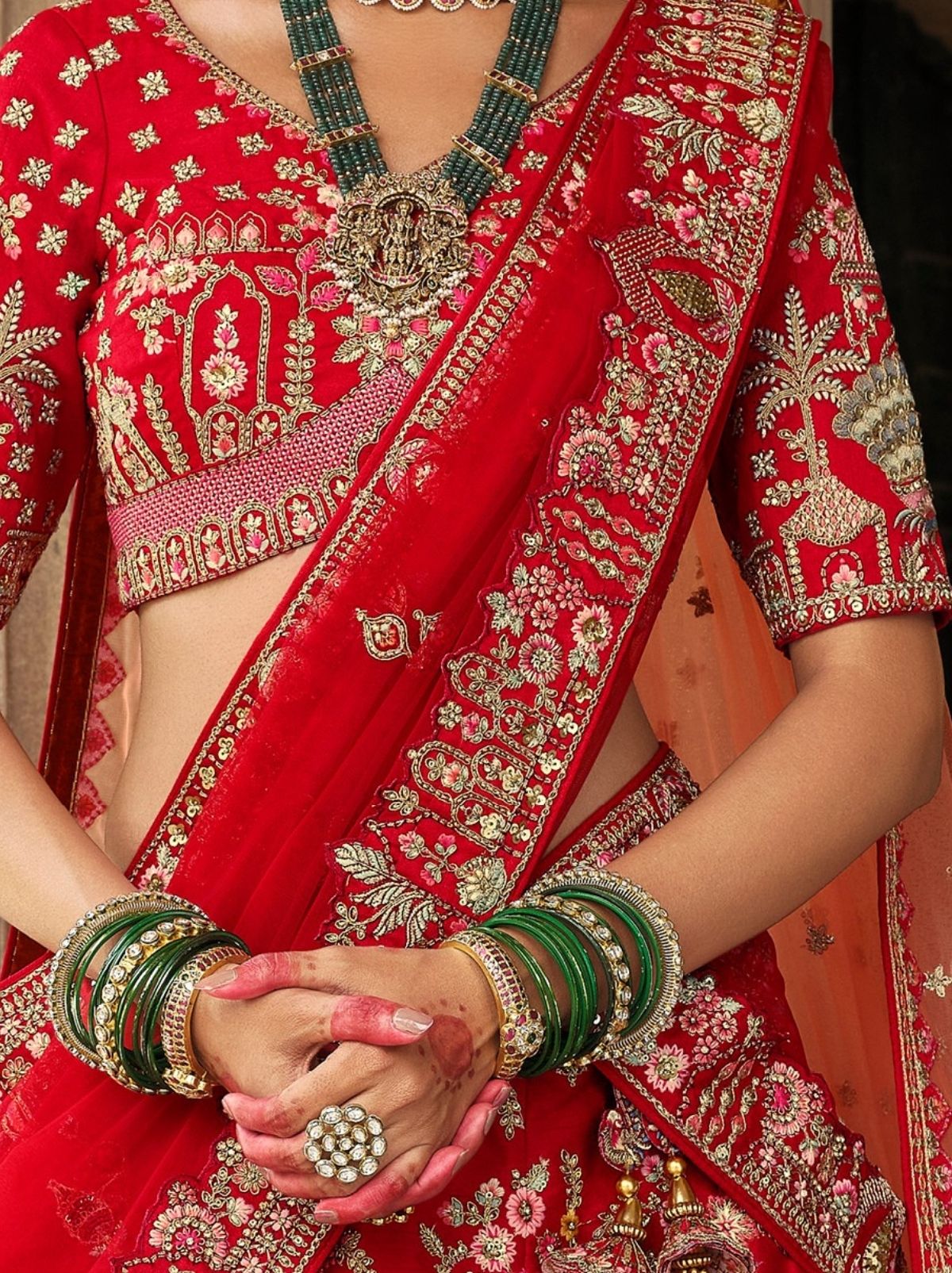 Carmine Red Exclusive Bridal Lehenga Set With Khatli Embroidery