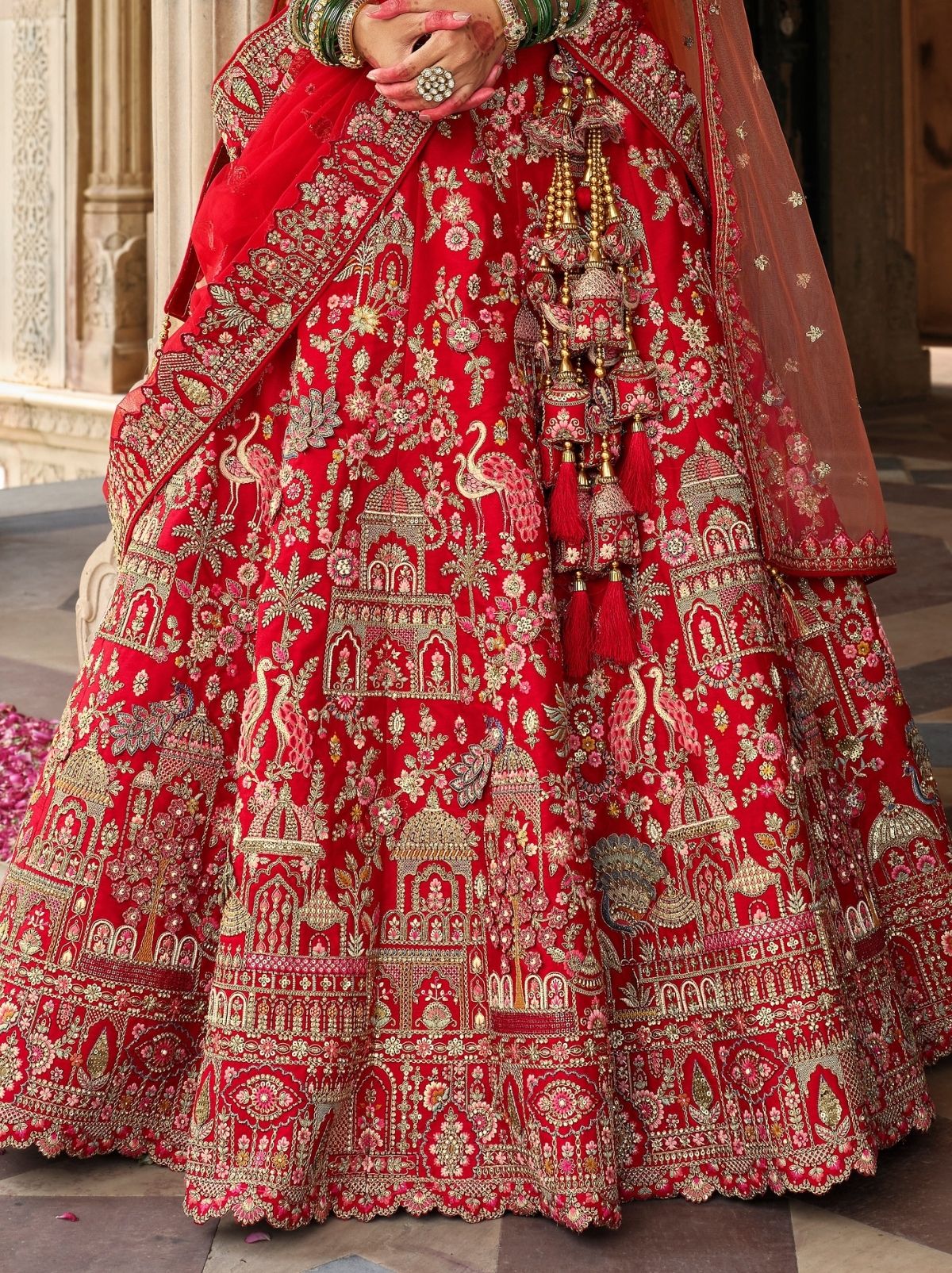 Carmine Red Exclusive Bridal Lehenga Set With Khatli Embroidery