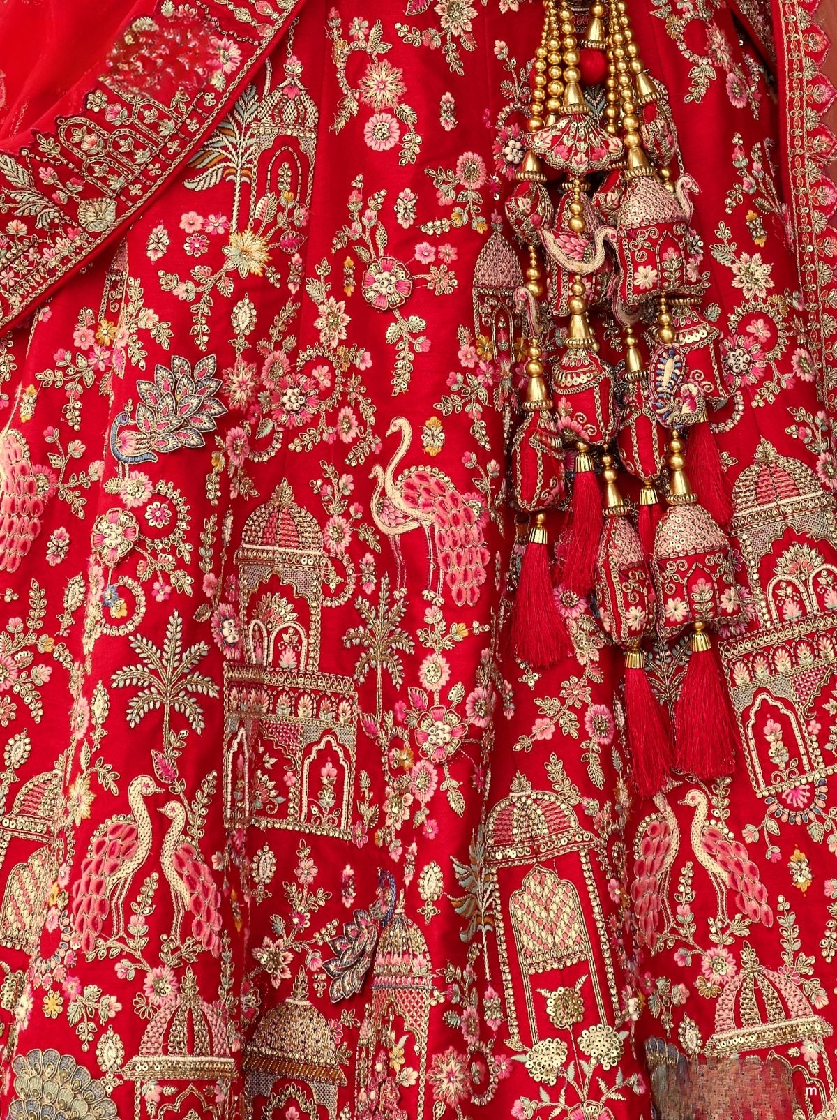 Carmine Red Exclusive Bridal Lehenga Set With Khatli Embroidery