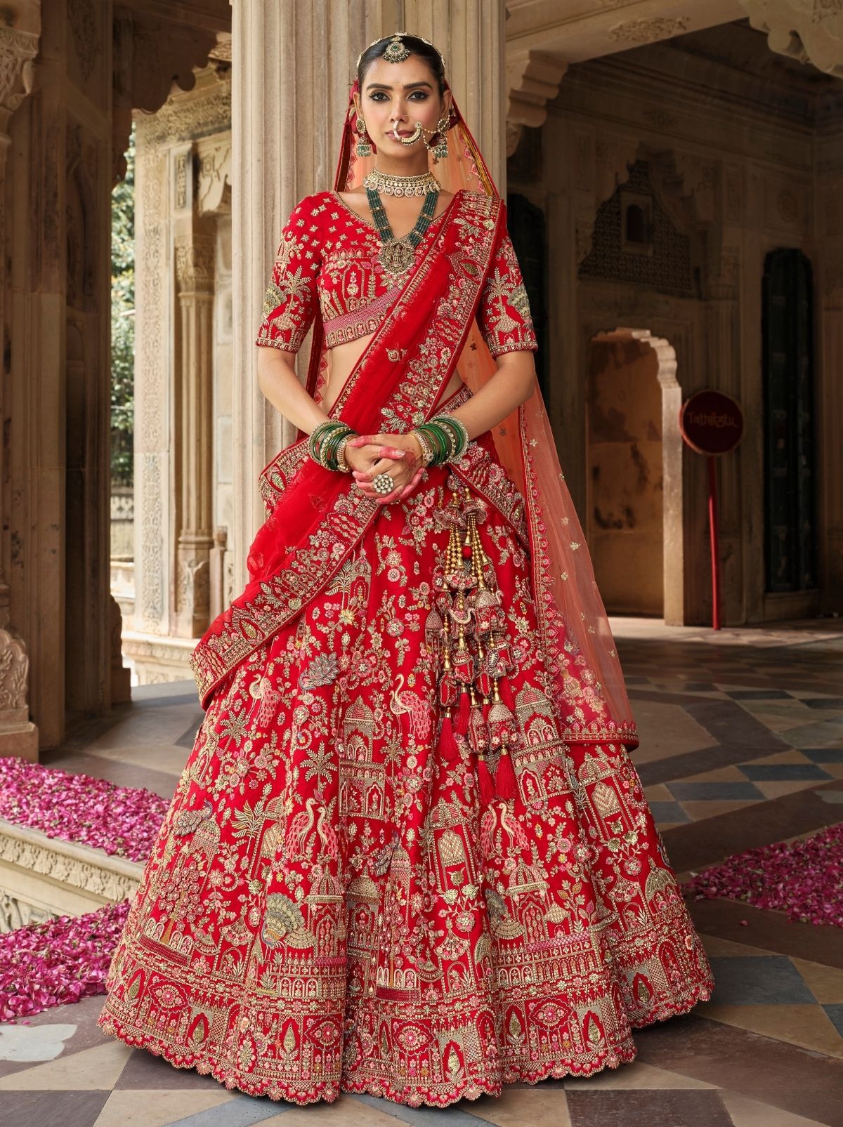 Carmine Red Exclusive Bridal Lehenga Set With Khatli Embroidery