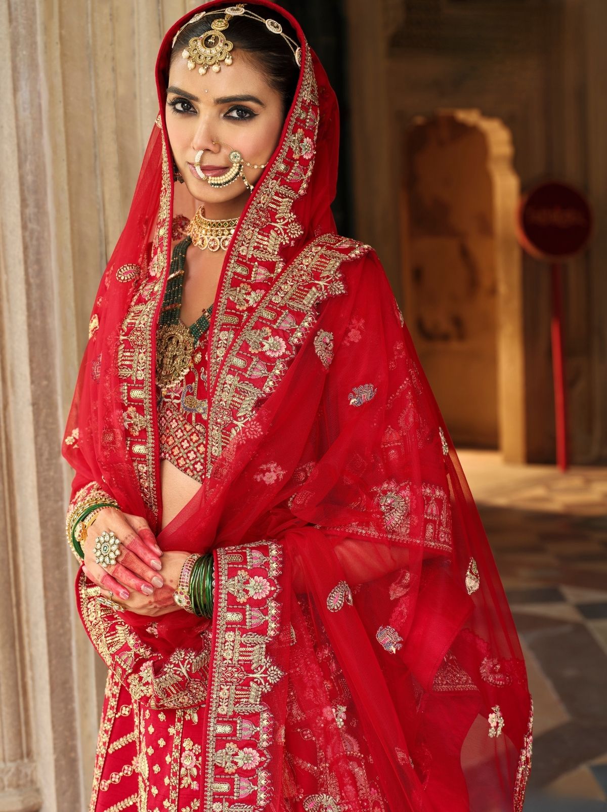 Chili Red Exclusive Bridal Lehenga Set With Khatli Embroidery