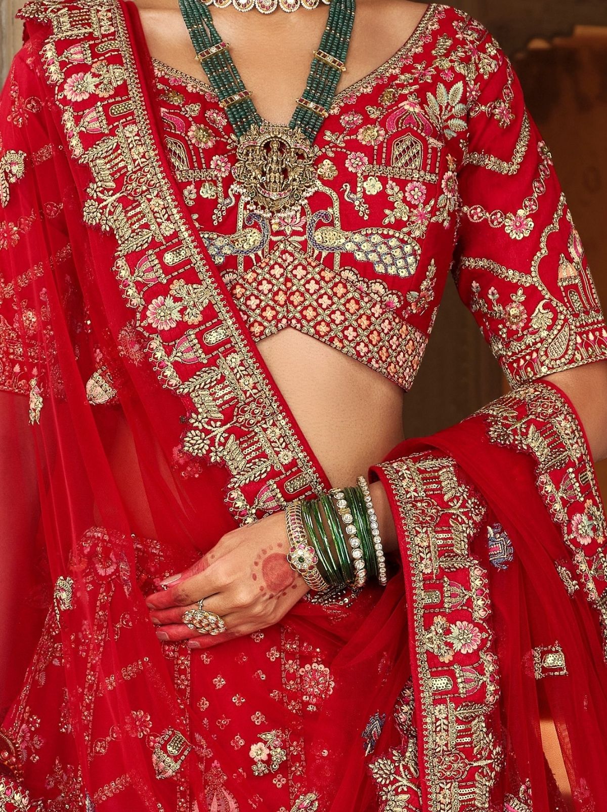 Chili Red Exclusive Bridal Lehenga Set With Khatli Embroidery