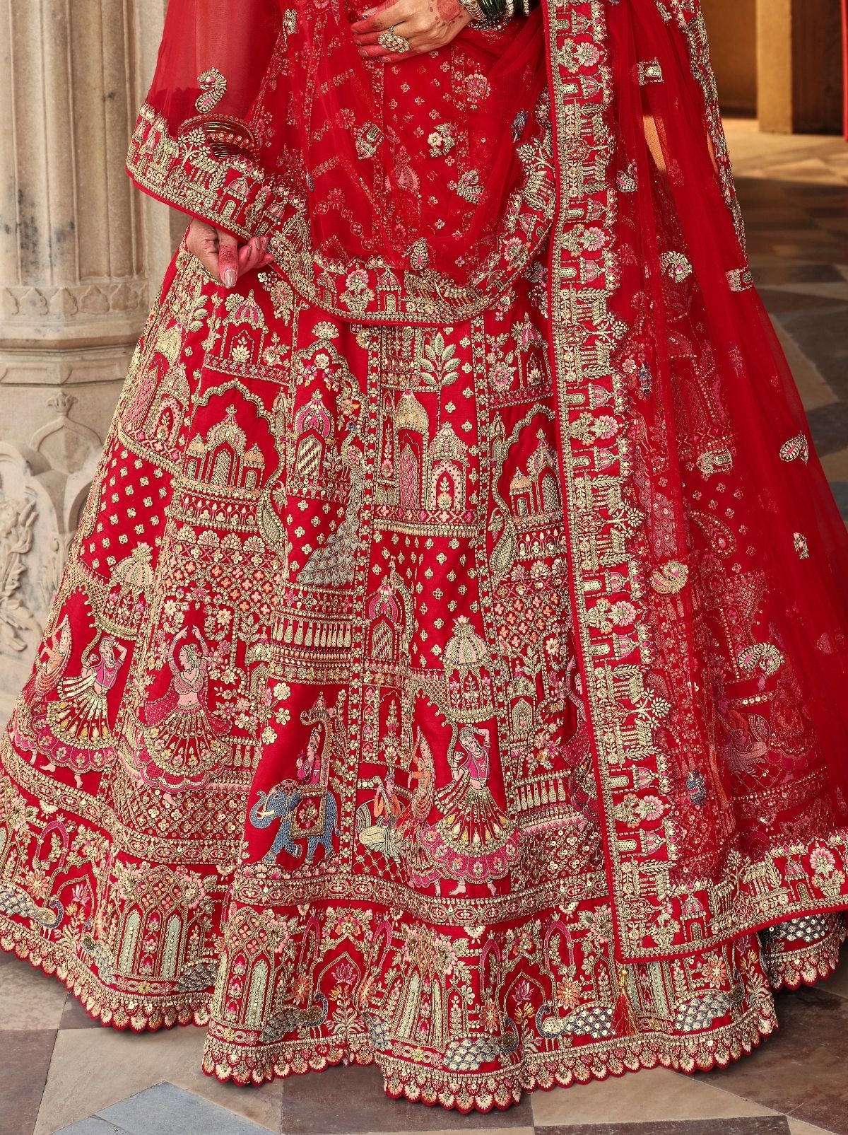 Chili Red Exclusive Bridal Lehenga Set With Khatli Embroidery