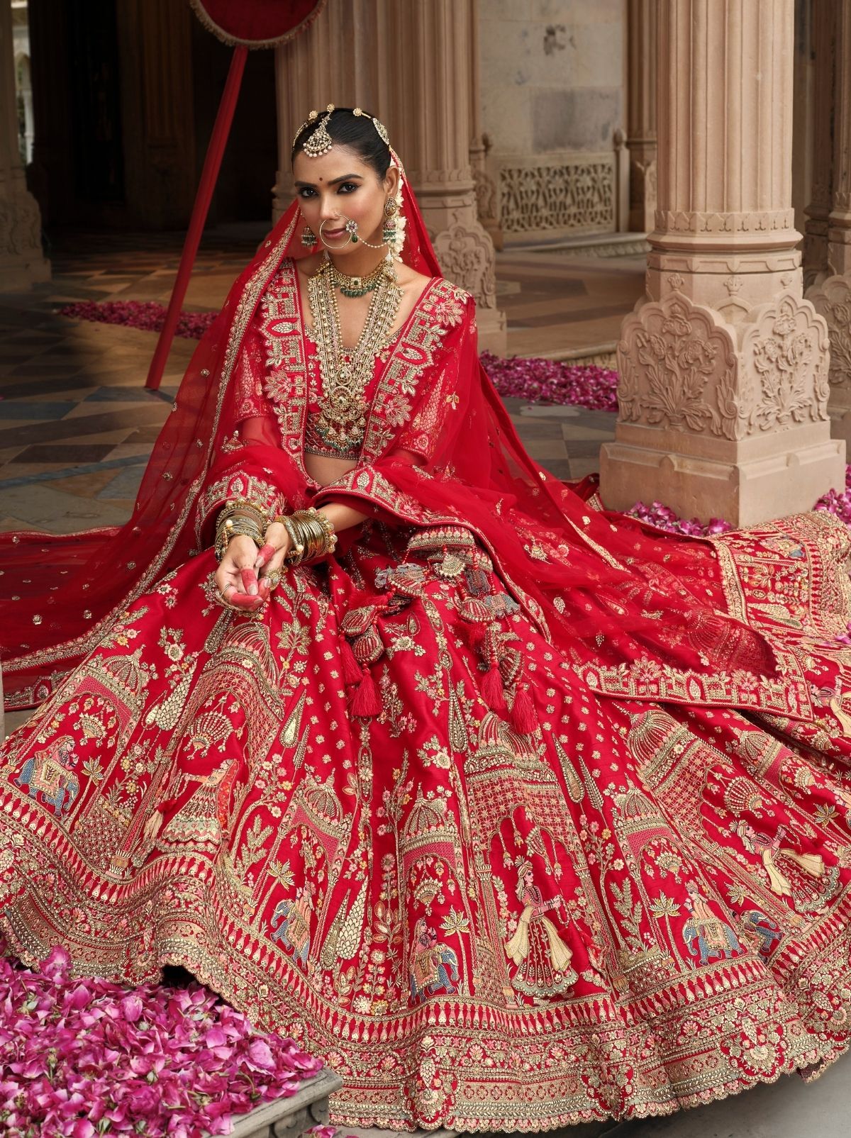 Apple Red Exclusive Bridal Lehenga Set With Khatli Embroidery