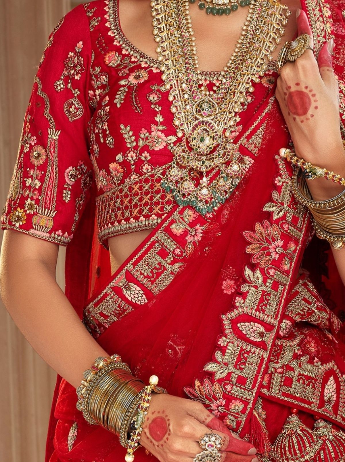 Apple Red Exclusive Bridal Lehenga Set With Khatli Embroidery