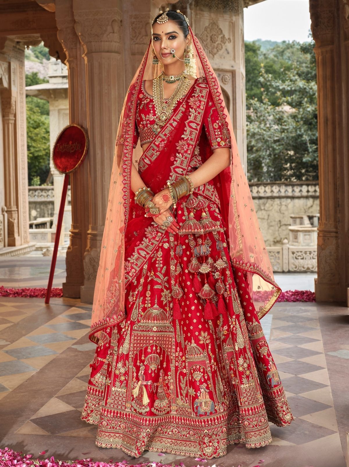 Apple Red Exclusive Bridal Lehenga Set With Khatli Embroidery