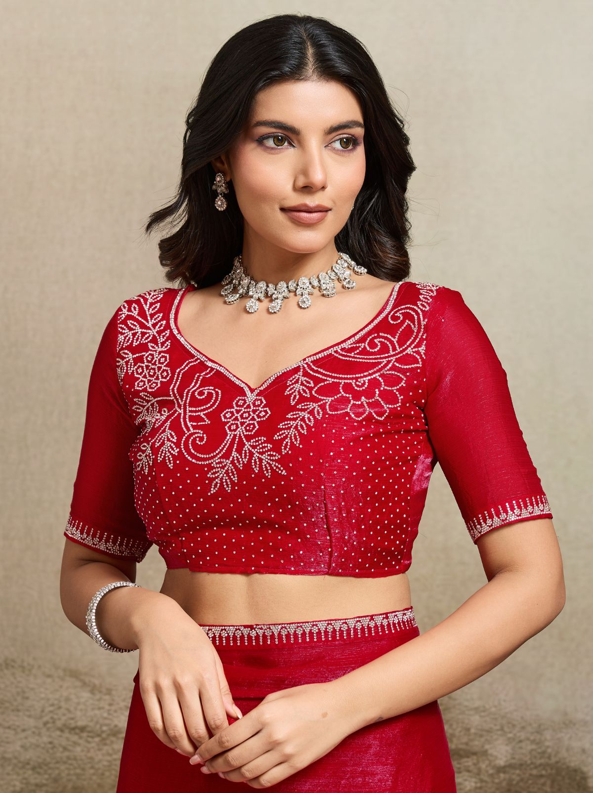 Candy Red Fancy Chiffon Silk Saree with Zircon Work