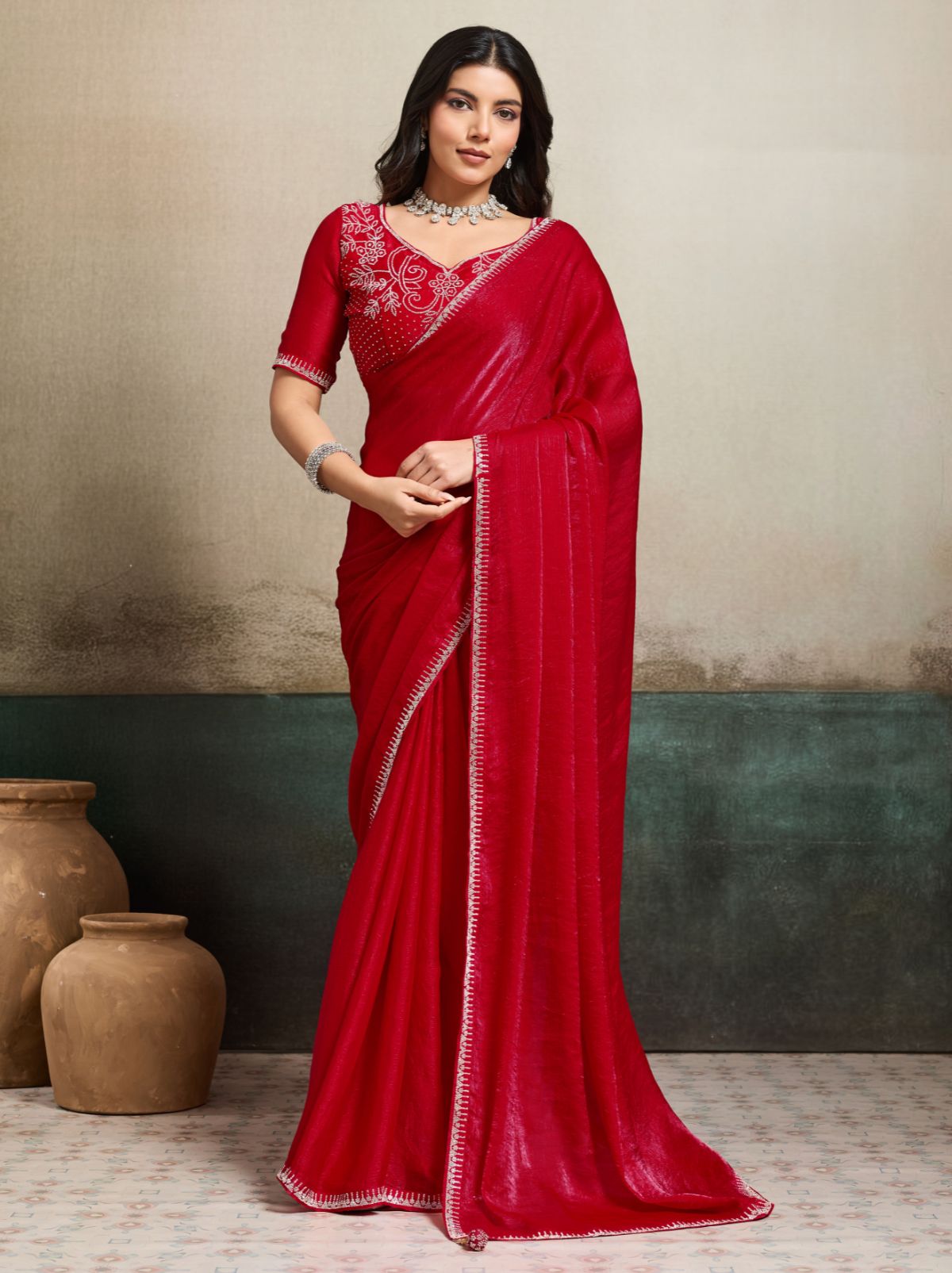 Candy Red Fancy Chiffon Silk Saree with Zircon Work