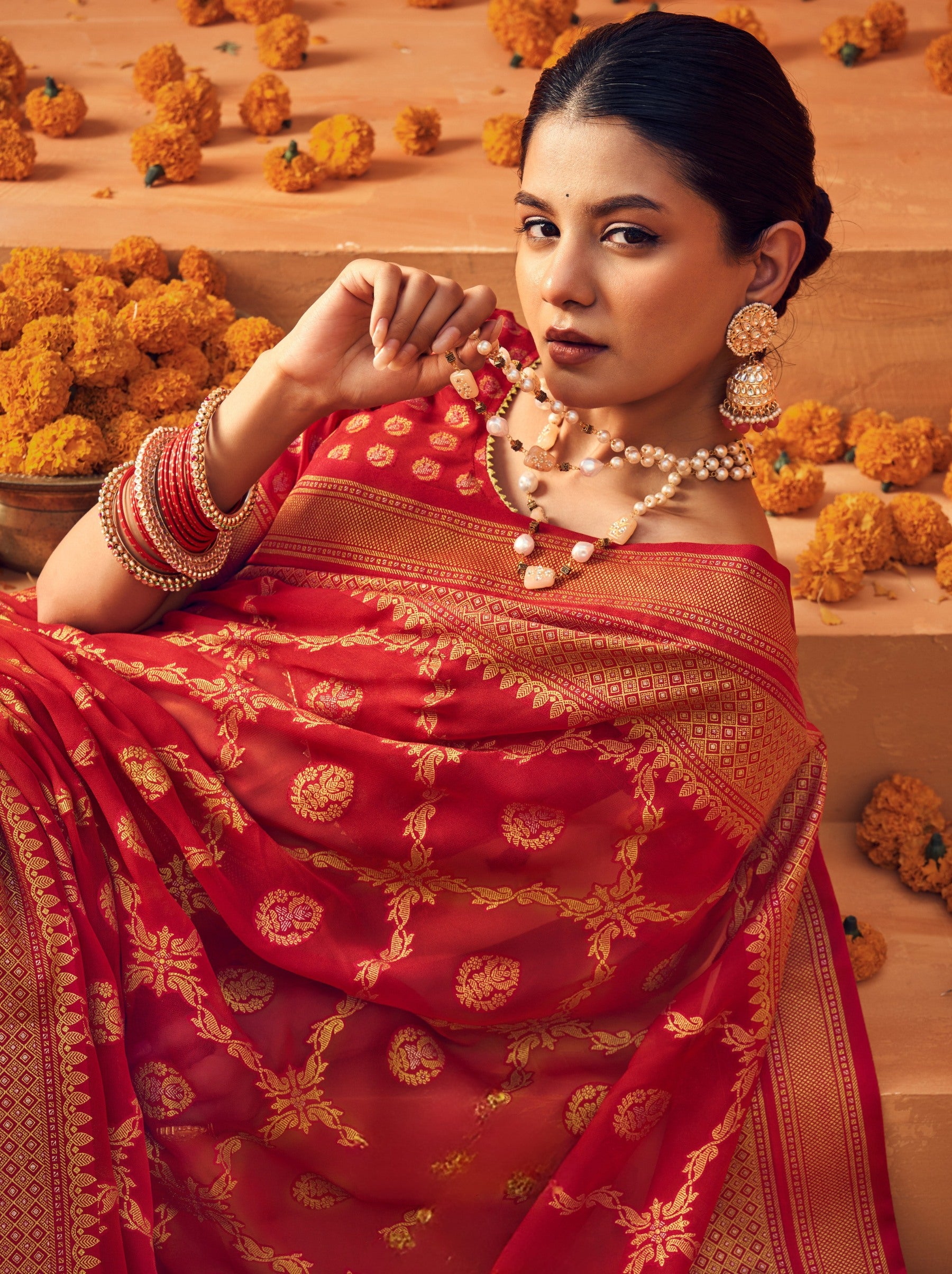 Crimson Red Georgette Festive Saree - TrendOye