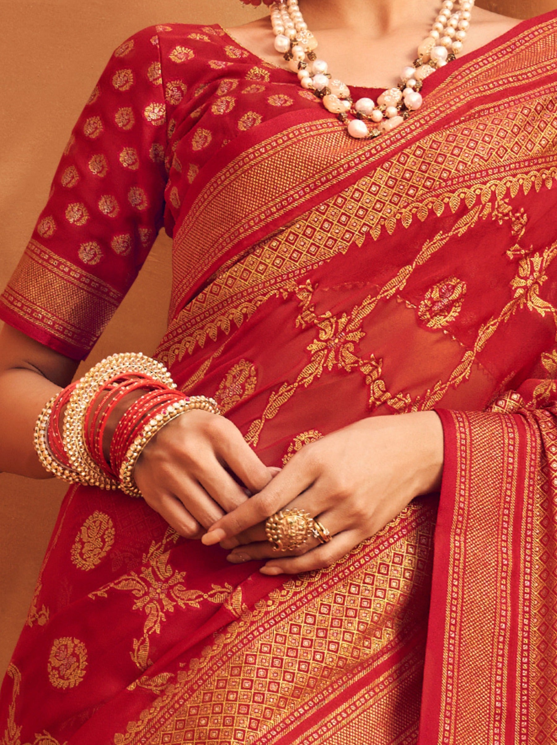 Crimson Red Georgette Festive Saree - TrendOye