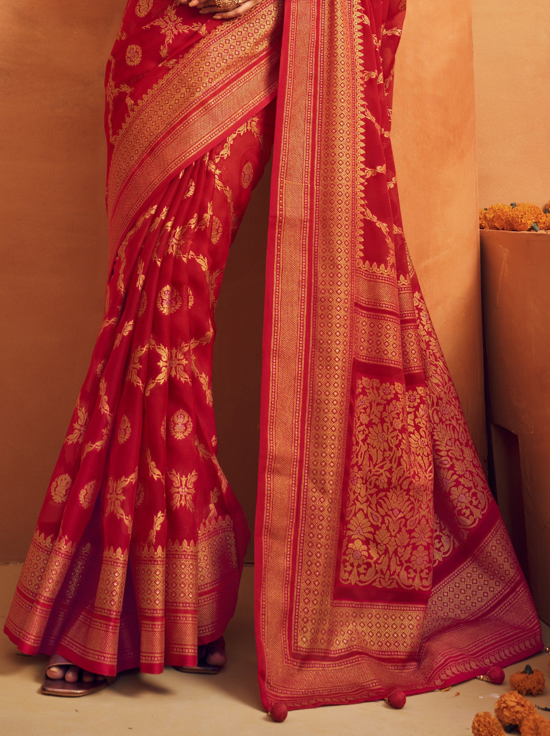 Crimson Red Georgette Festive Saree - TrendOye