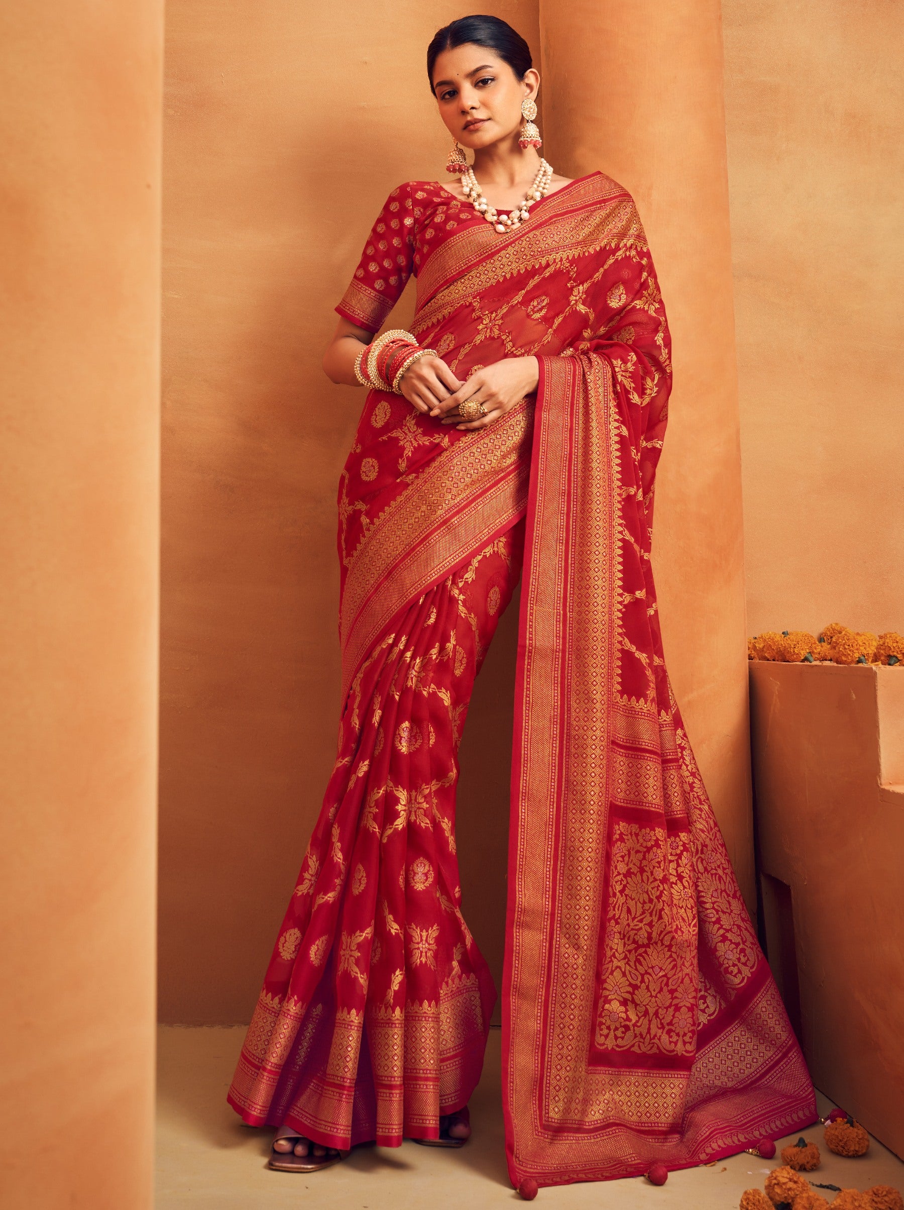 Crimson Red Georgette Festive Saree - TrendOye