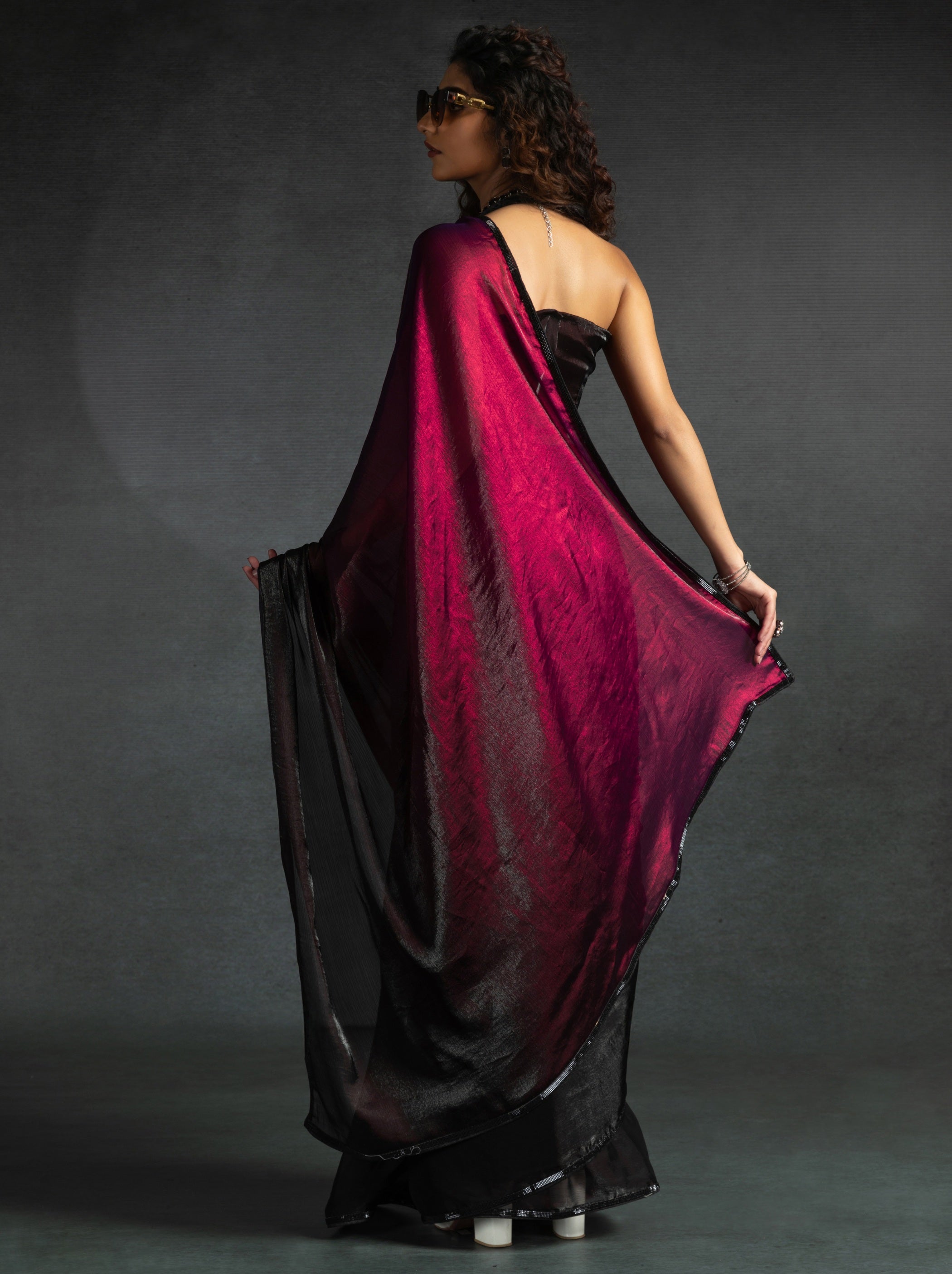 Mahogany Red Fancy Ready to Wear Saree With Stone Work Border - TrendOye