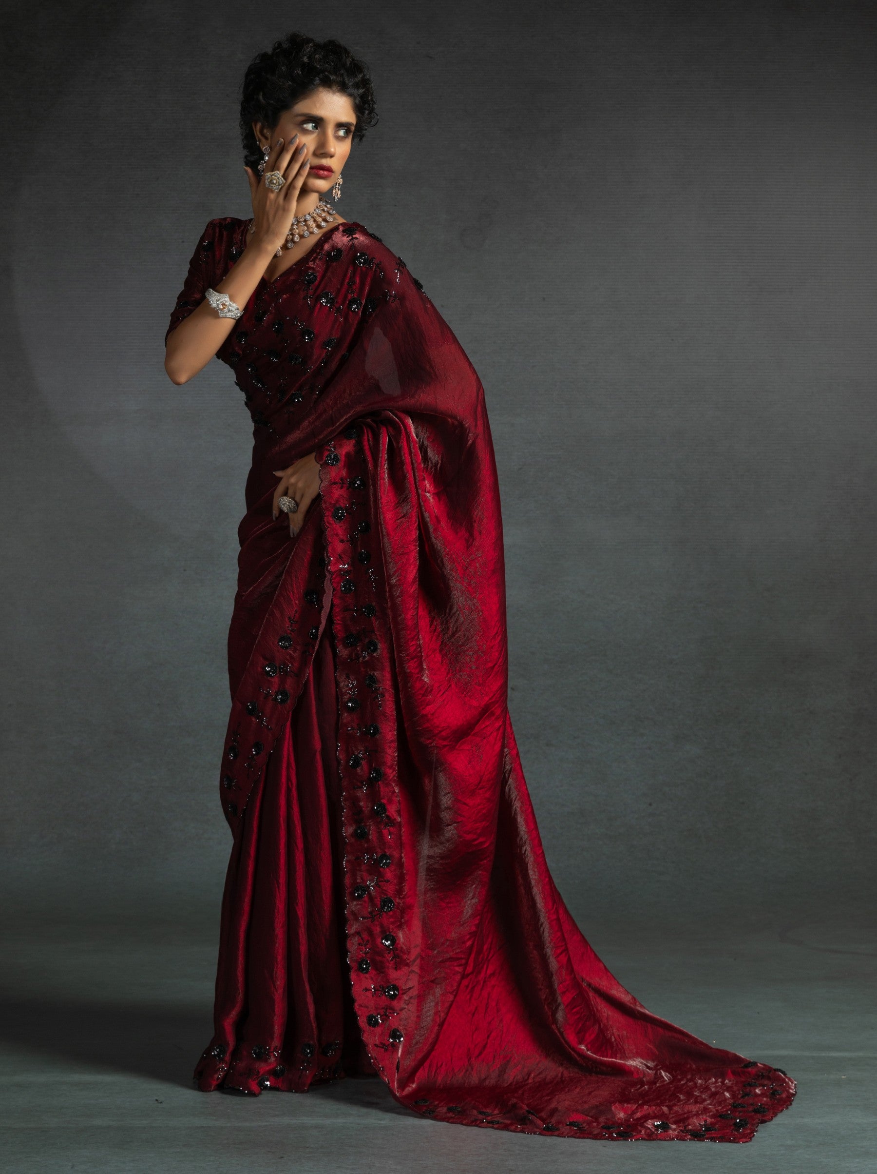 Mahogany Red Satin Silk Party Saree With Crystal Sequins Work & Blouse Piece - TrendOye