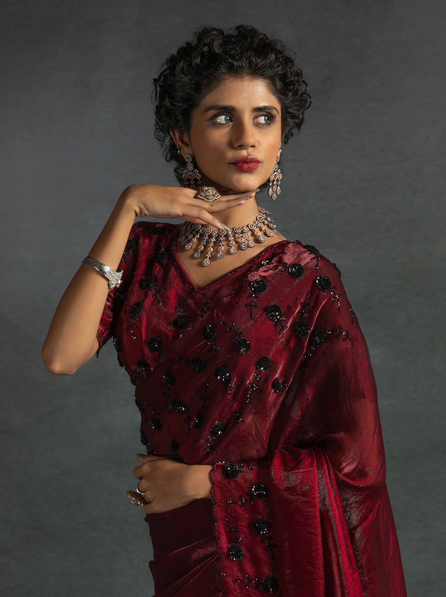 Mahogany Red Satin Silk Party Saree With Crystal Sequins Work & Blouse Piece - TrendOye