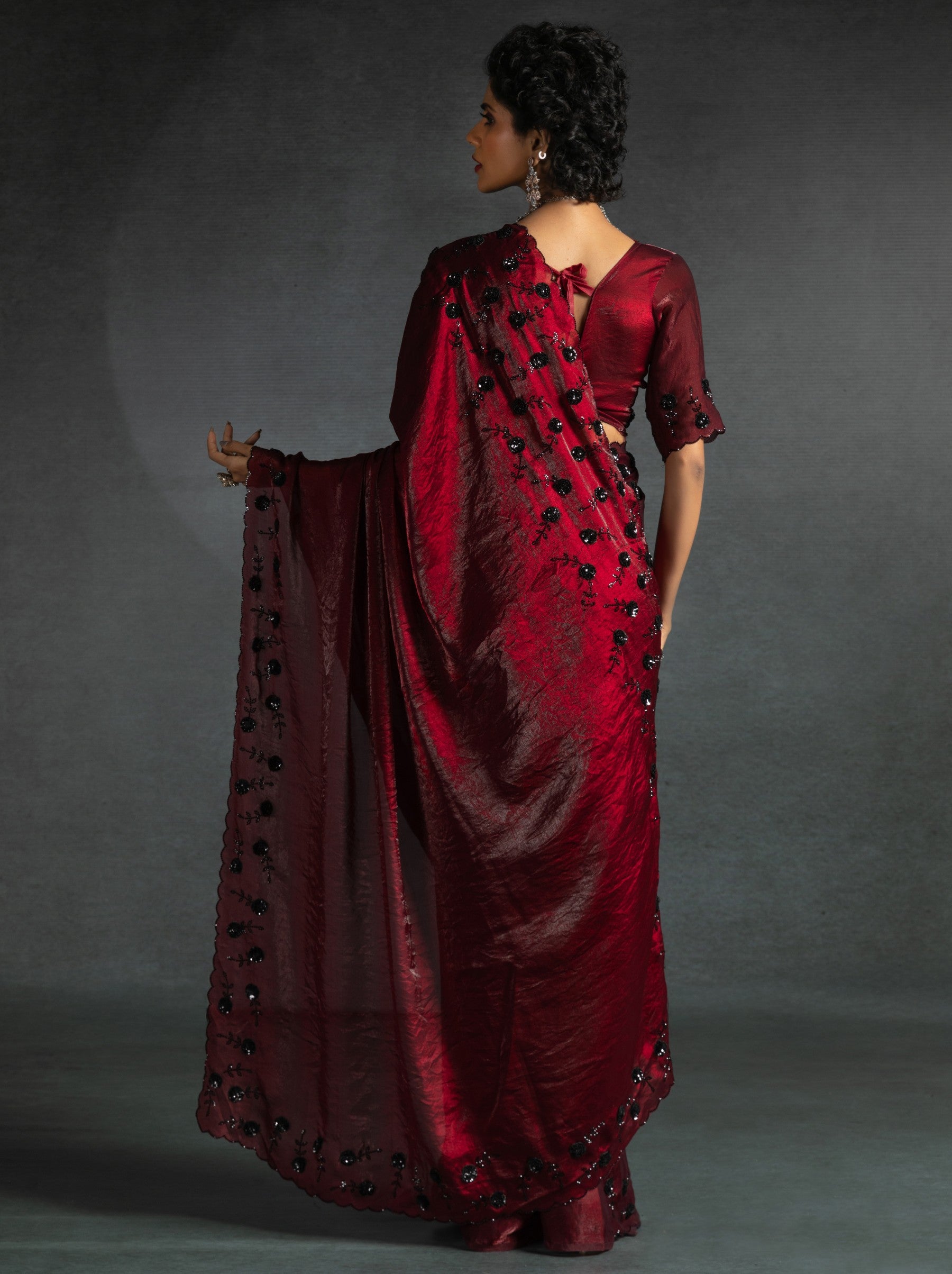 Mahogany Red Satin Silk Party Saree With Crystal Sequins Work & Blouse Piece - TrendOye