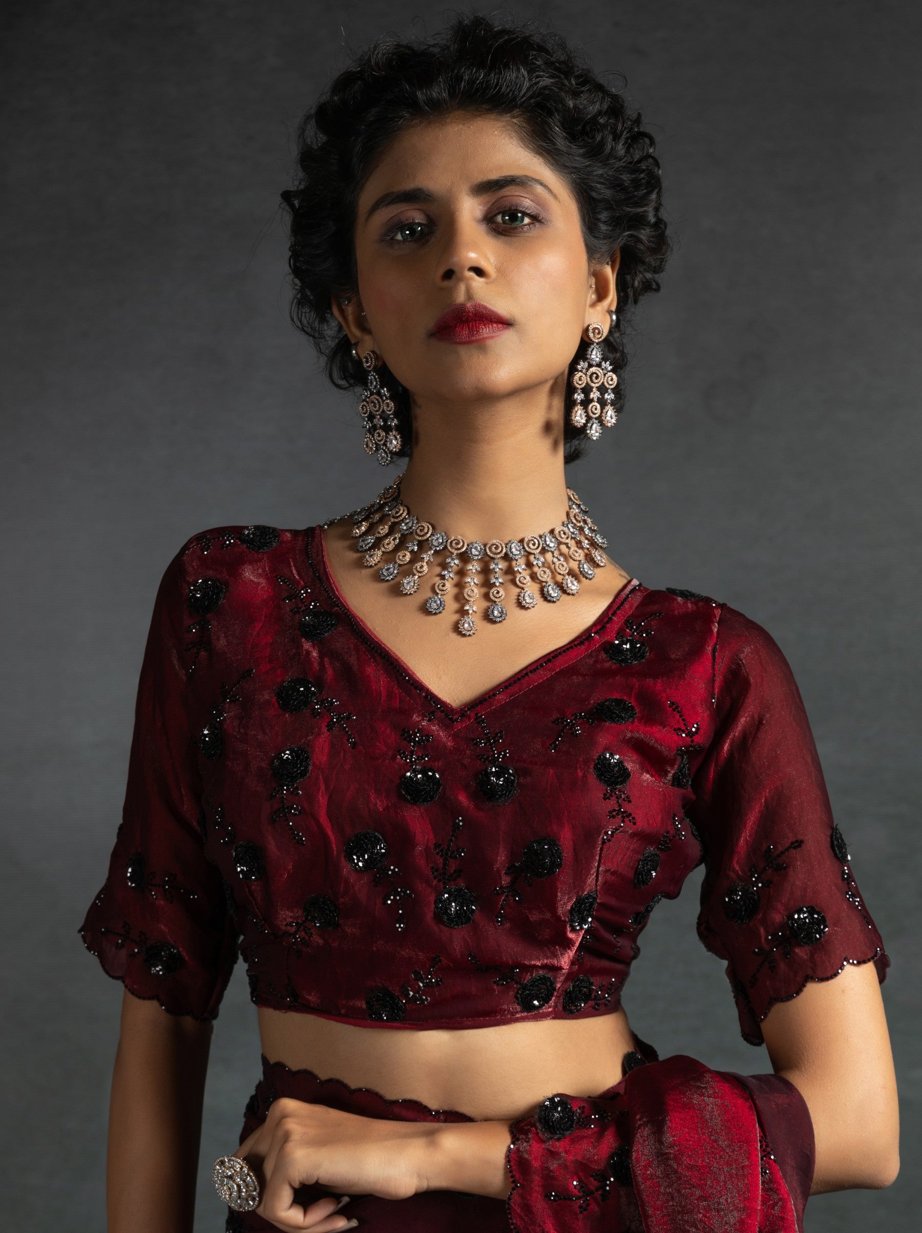 Mahogany Red Satin Silk Party Saree With Crystal Sequins Work & Blouse Piece - TrendOye