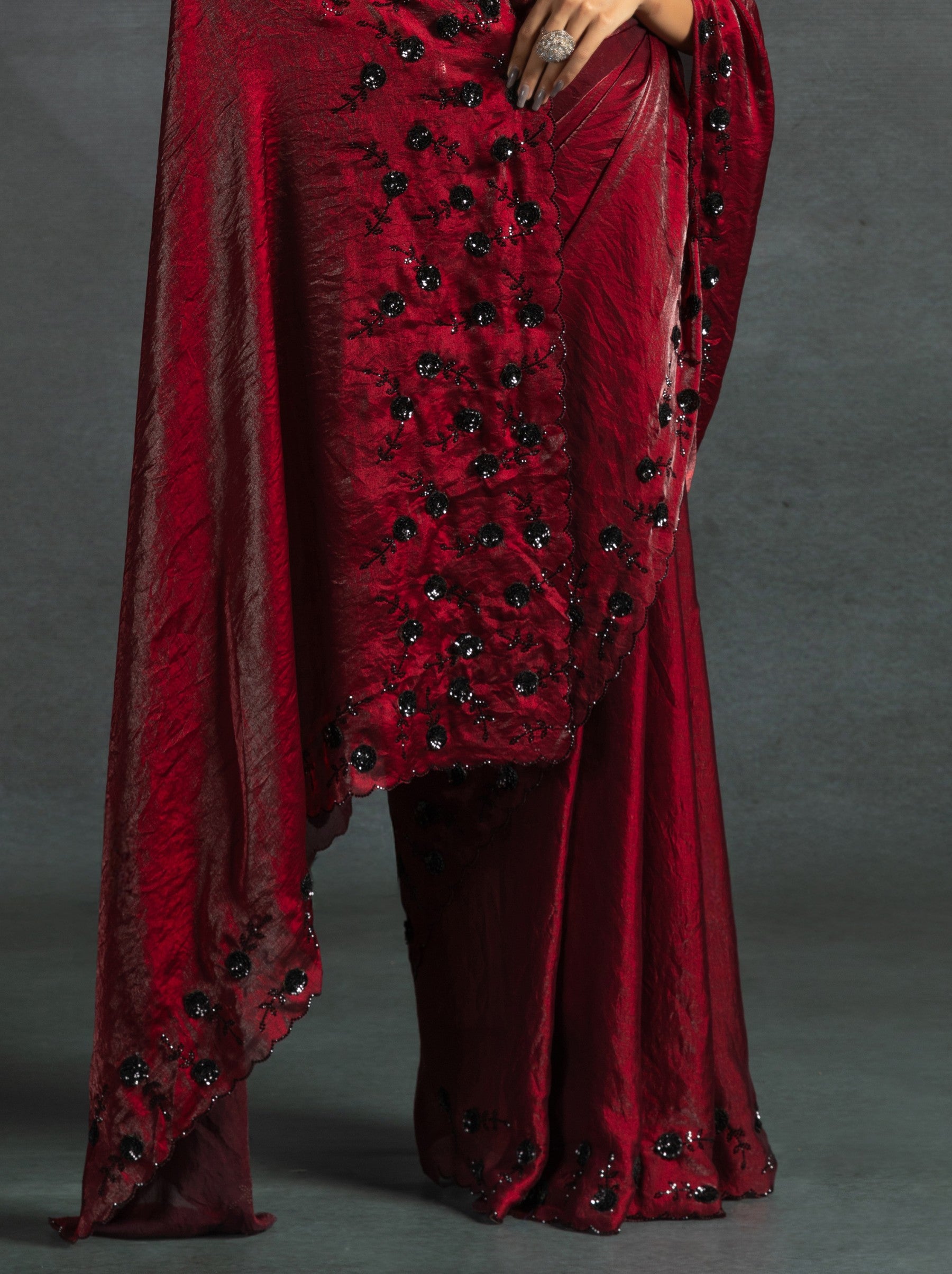 Mahogany Red Satin Silk Party Saree With Crystal Sequins Work & Blouse Piece - TrendOye