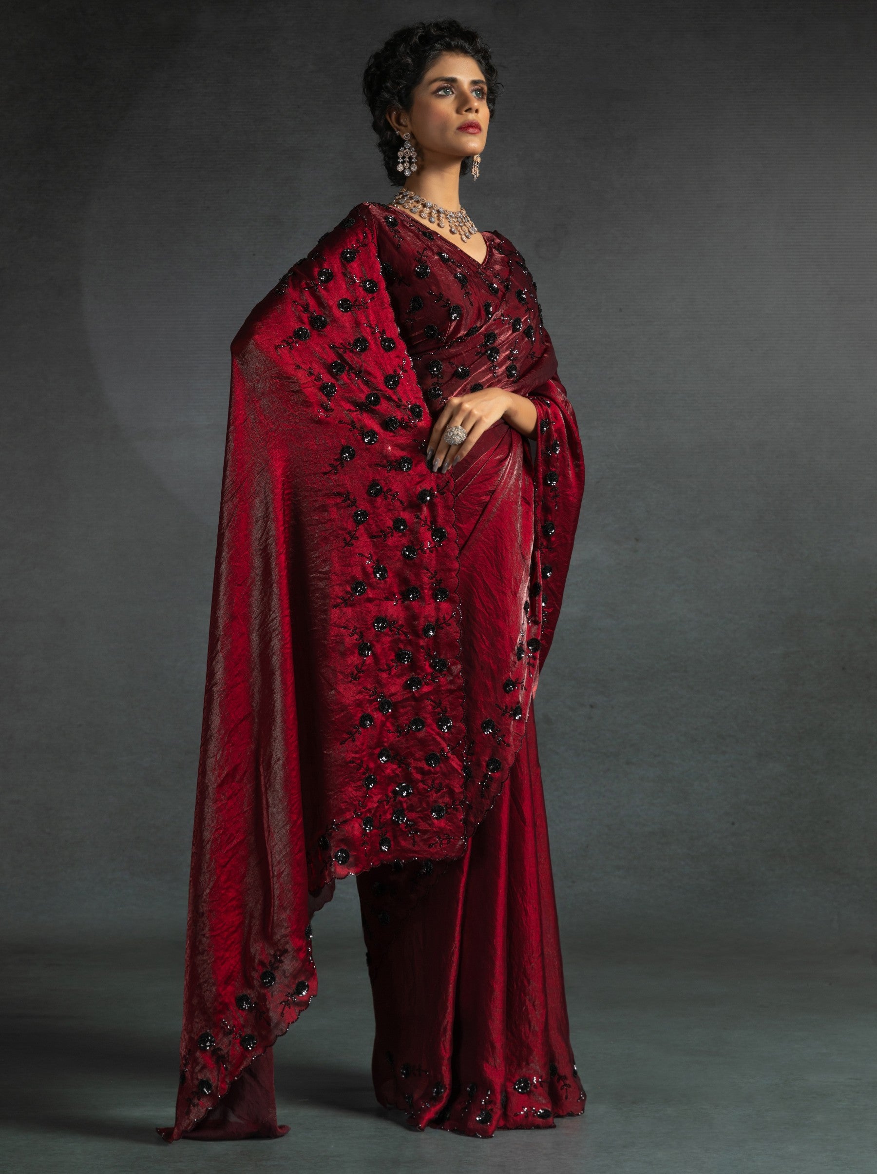 Mahogany Red Satin Silk Party Saree With Crystal Sequins Work & Blouse Piece - TrendOye