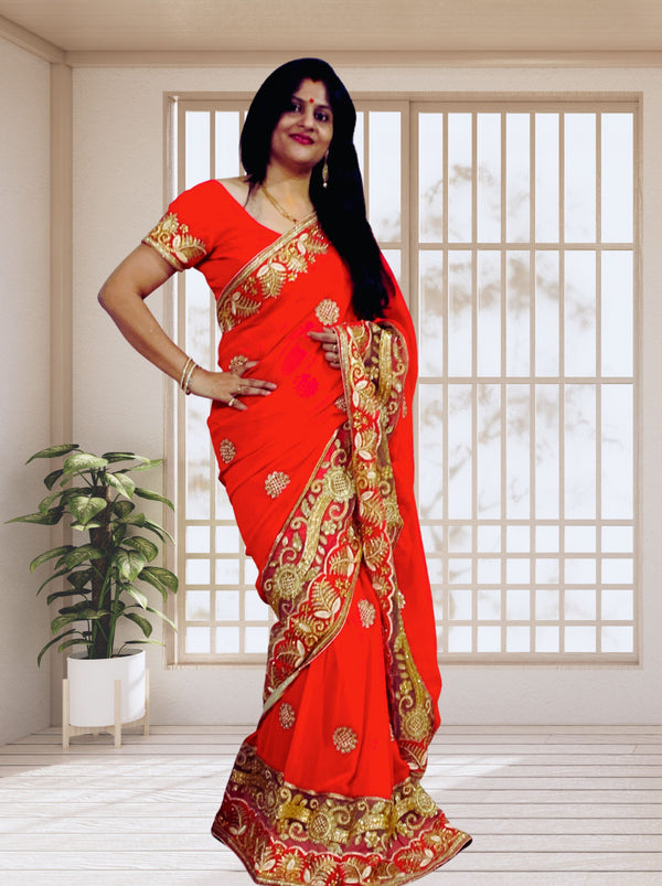 Red Wedding Saree With Golden Zari & Kundan Stone Embroidery - TrendOye