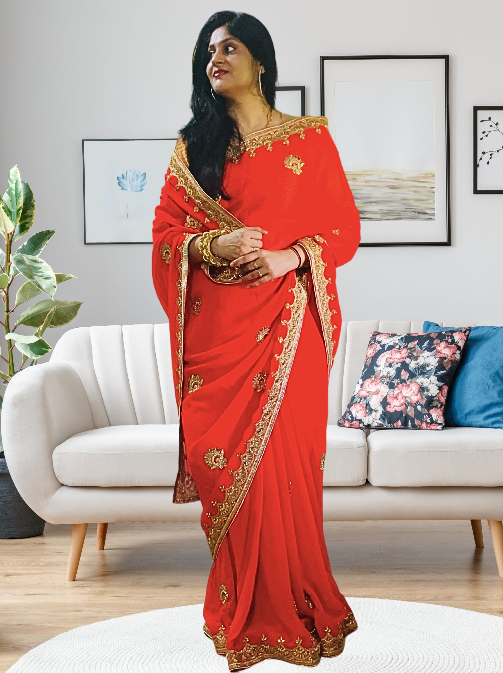 Red Wedding & Festive Saree With Kundan Stone Work - TrendOye