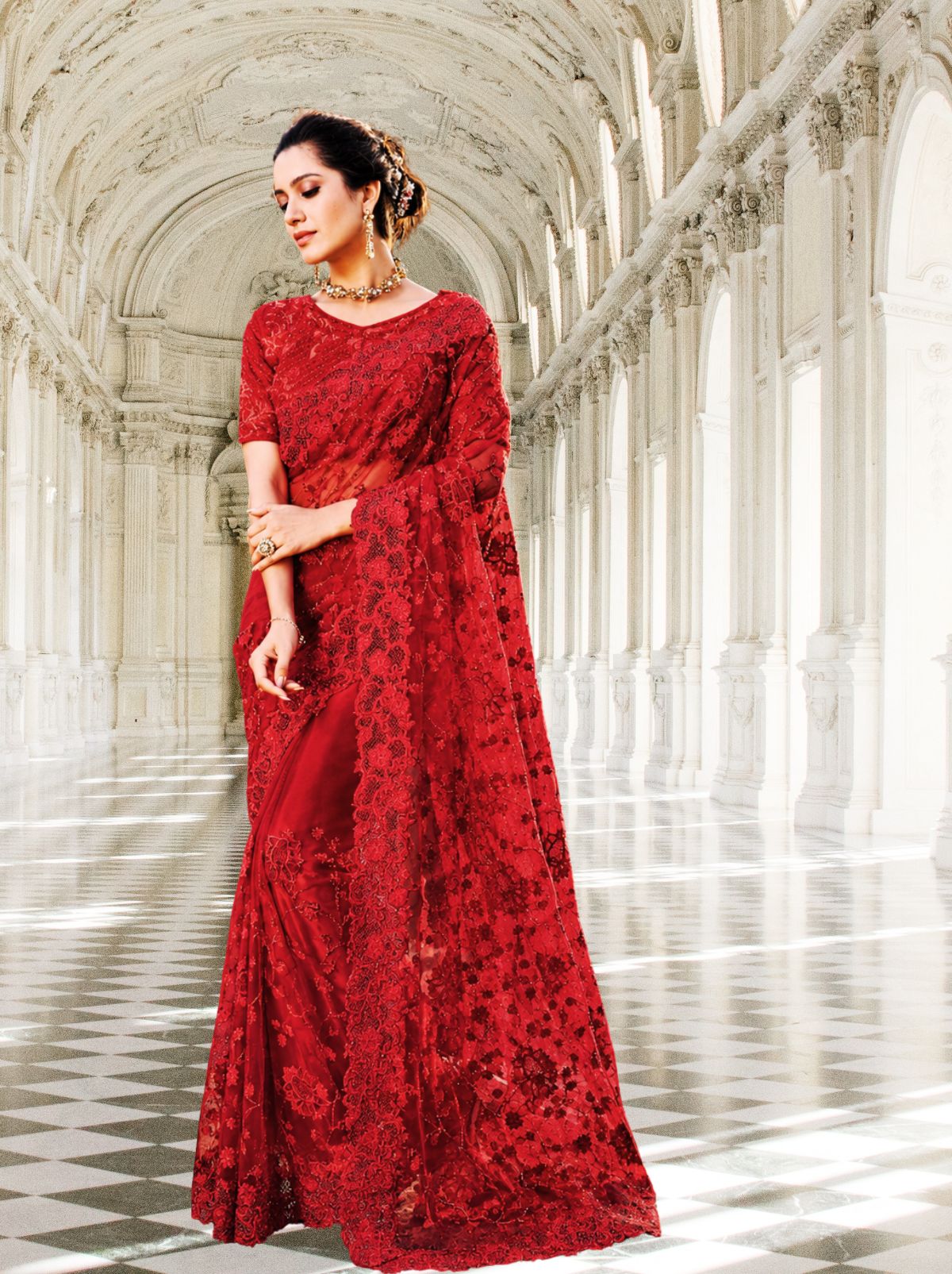 Regal Red Premium Net Saree with Floral Embroidery