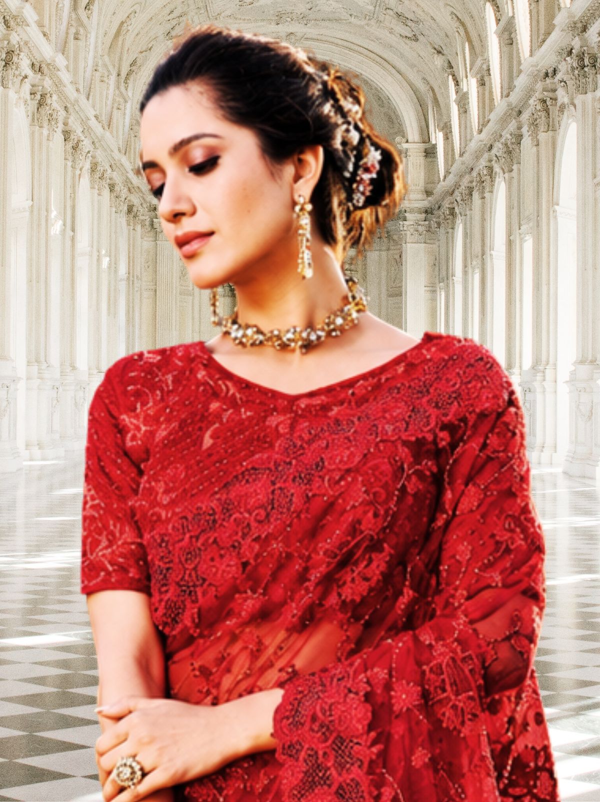 Regal Red Premium Net Saree with Floral Embroidery