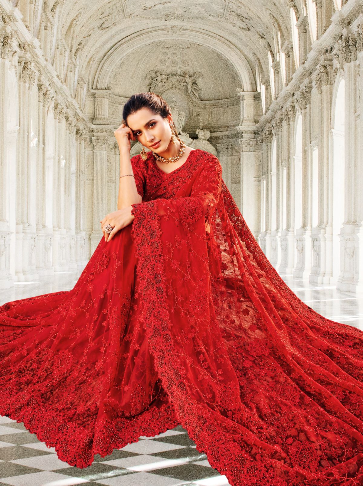 Regal Red Premium Net Saree with Floral Embroidery