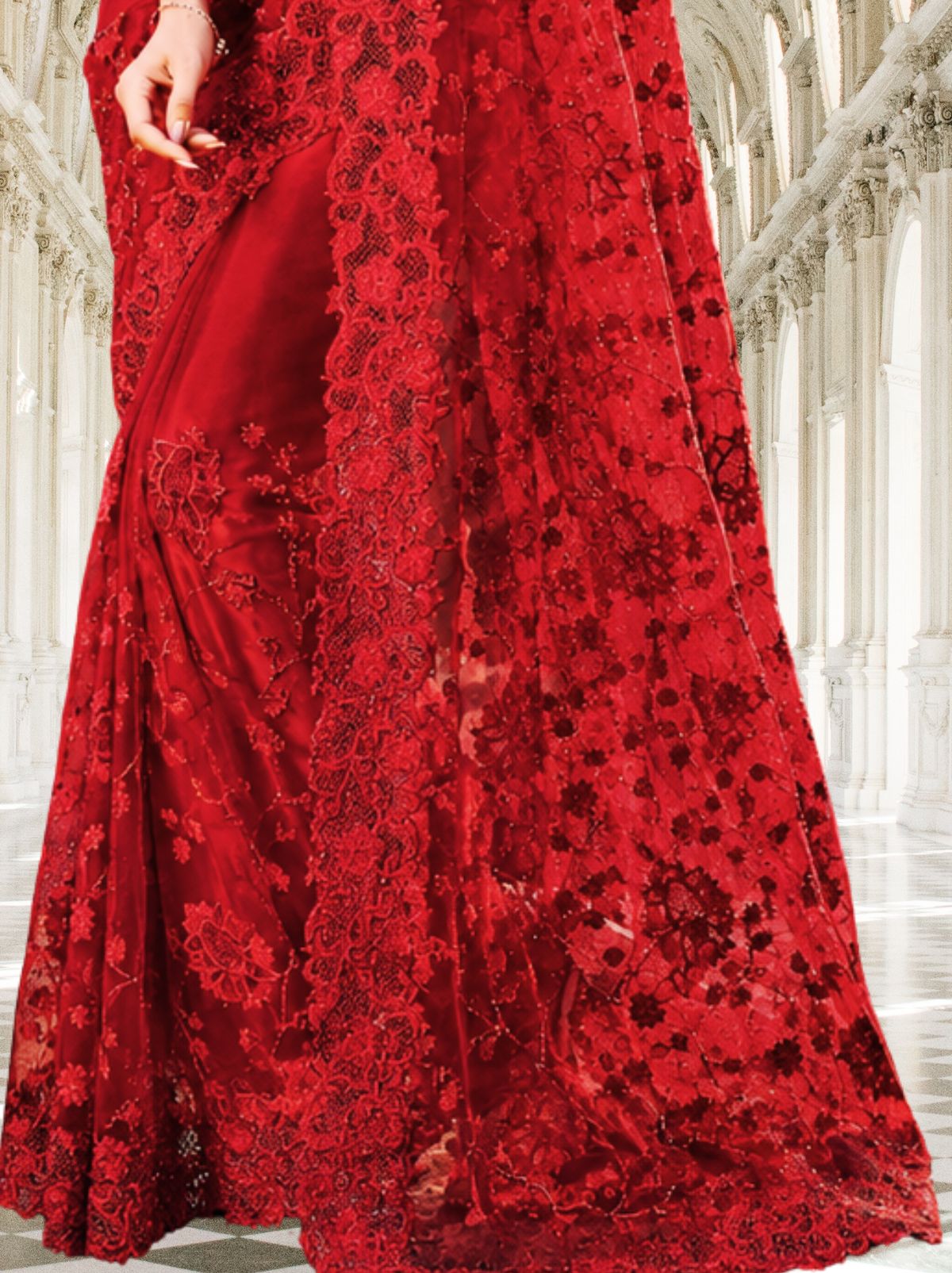 Regal Red Premium Net Saree with Floral Embroidery